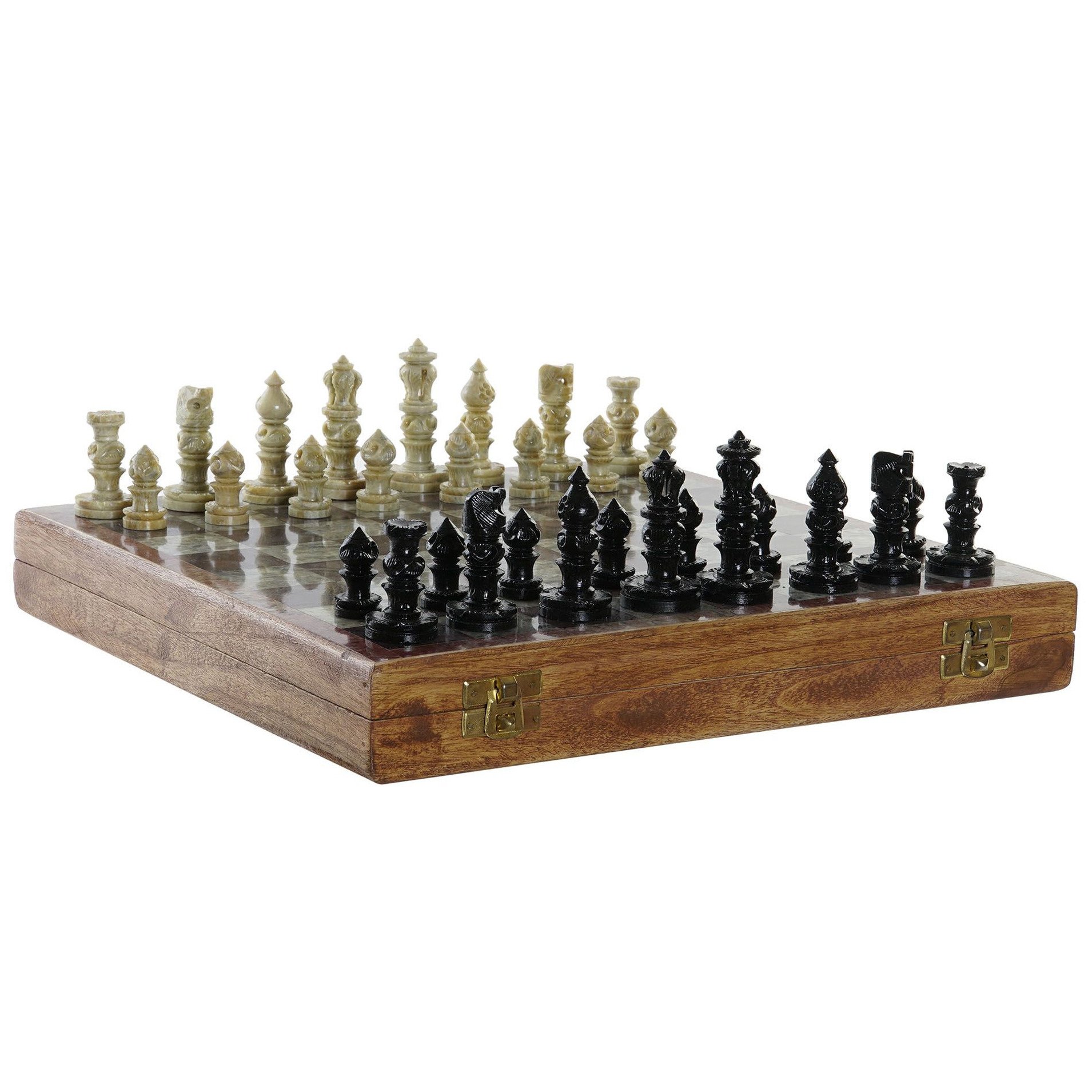 Luxe houten schaakspel in kist/koffer met stenen schaakstukken 30 x 30 cm