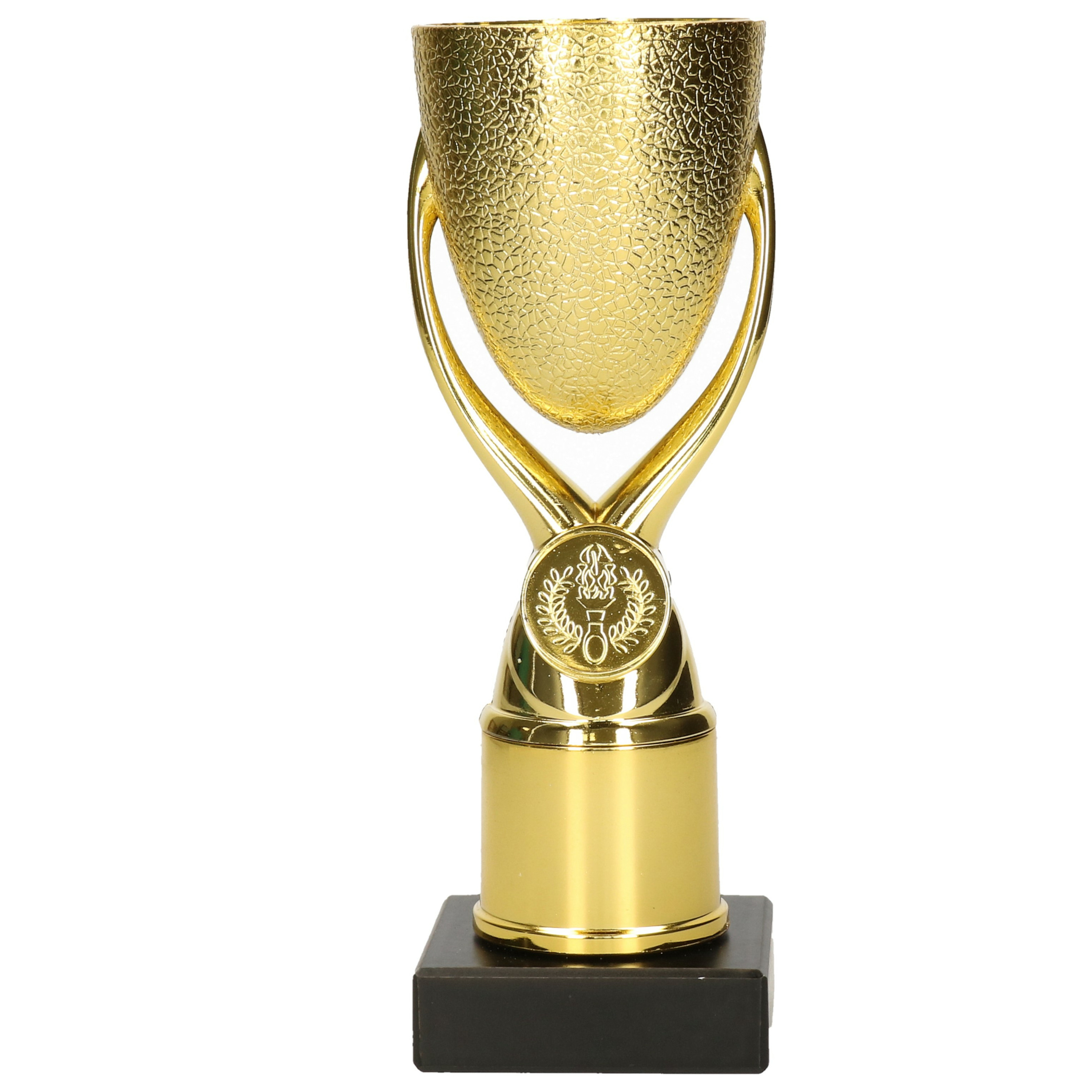 Luxe trofee-prijs beker op sierlijke poot goud kunststof 18,5 x 6,8 cm