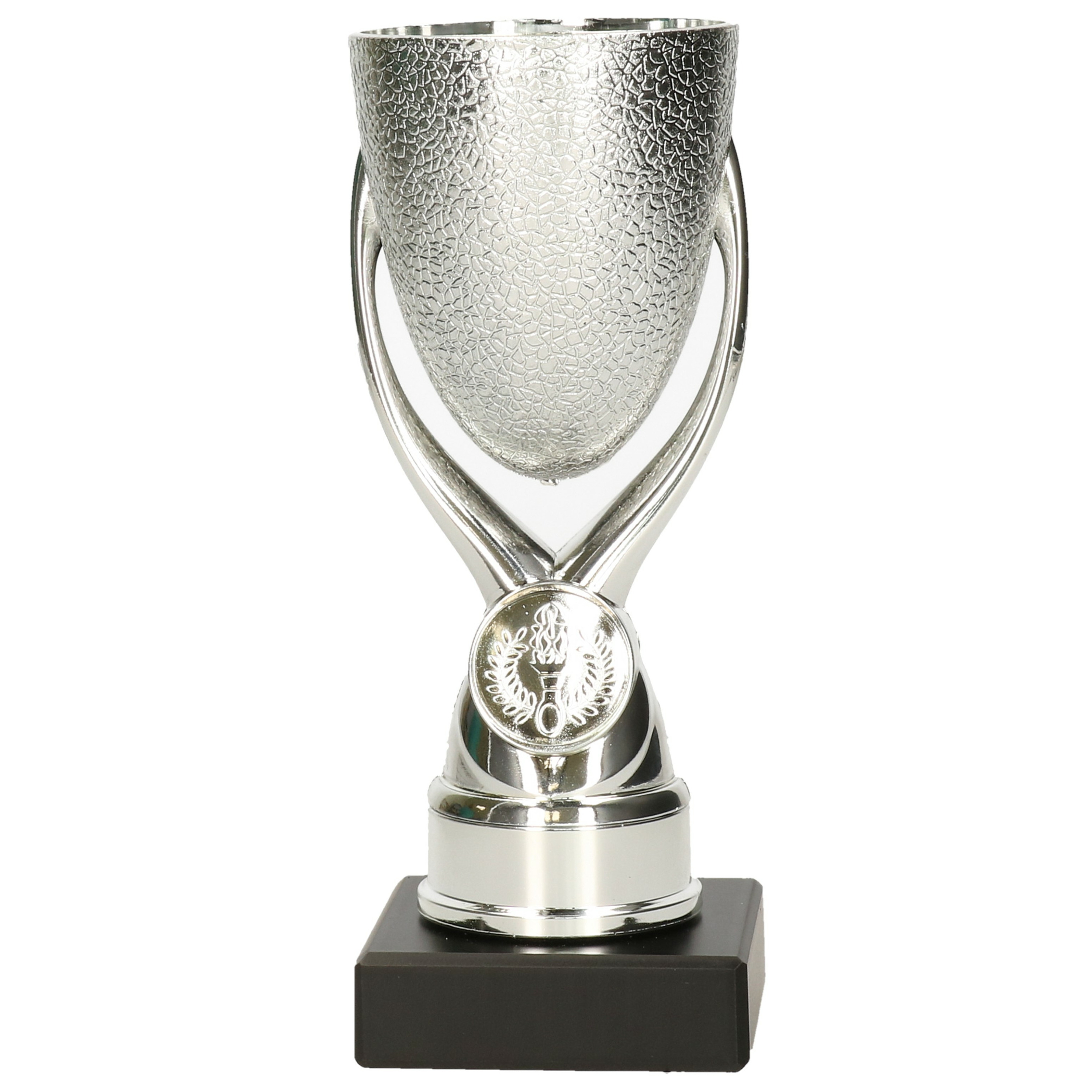 Luxe trofee-prijs beker op sierlijke poot zilver kunststof 16,5 x 6,8 cm