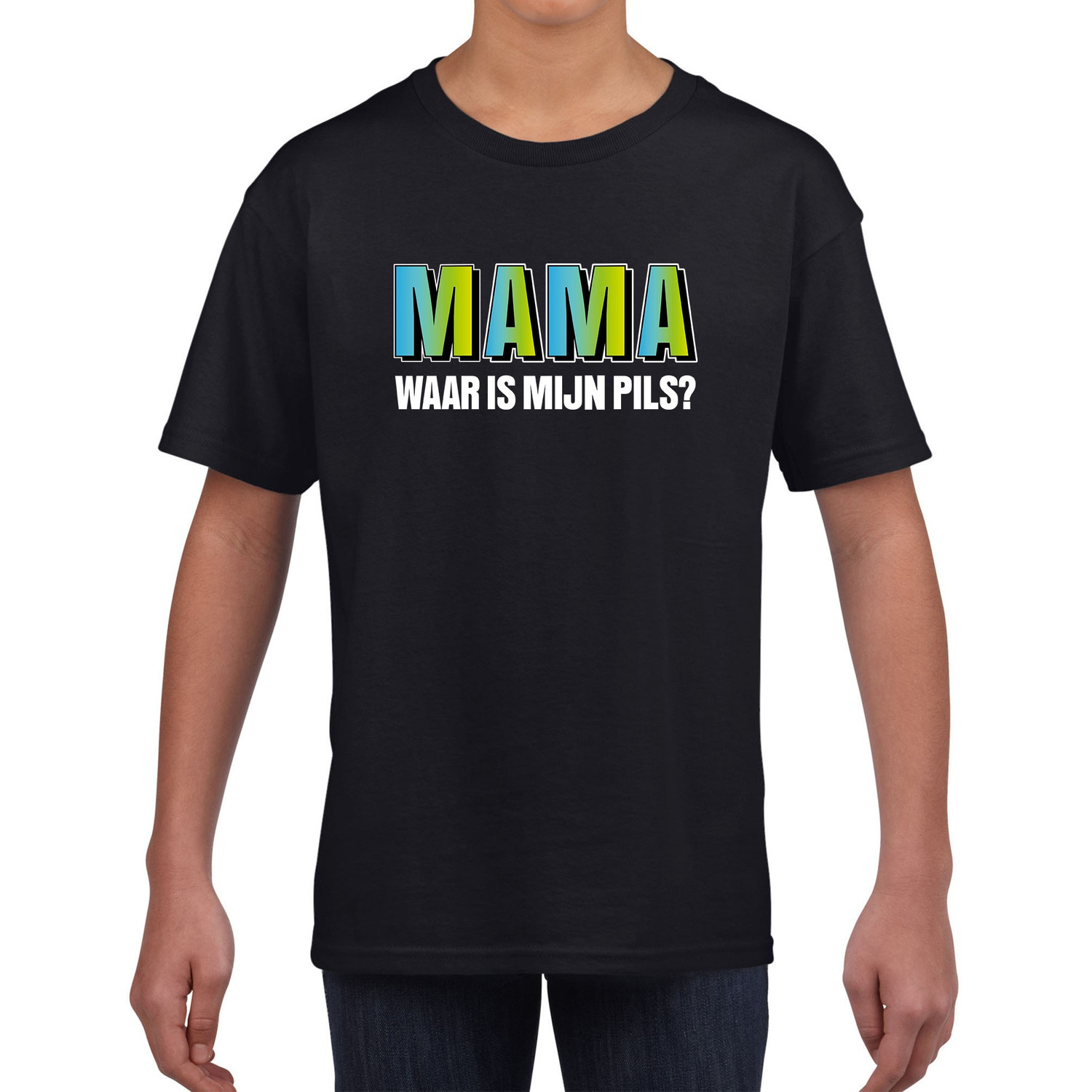 Mama waar is mijn pils tekst zwart t-shirt blauwe/groene letters voor kinderen