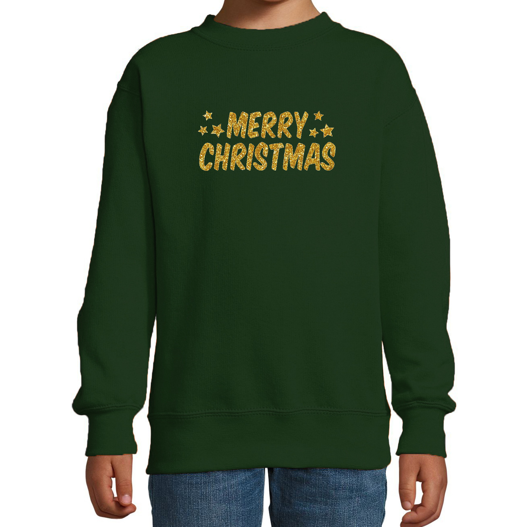 Merry Christmas Kerst sweater - trui groen voor kinderen met gouden glitter bedrukking