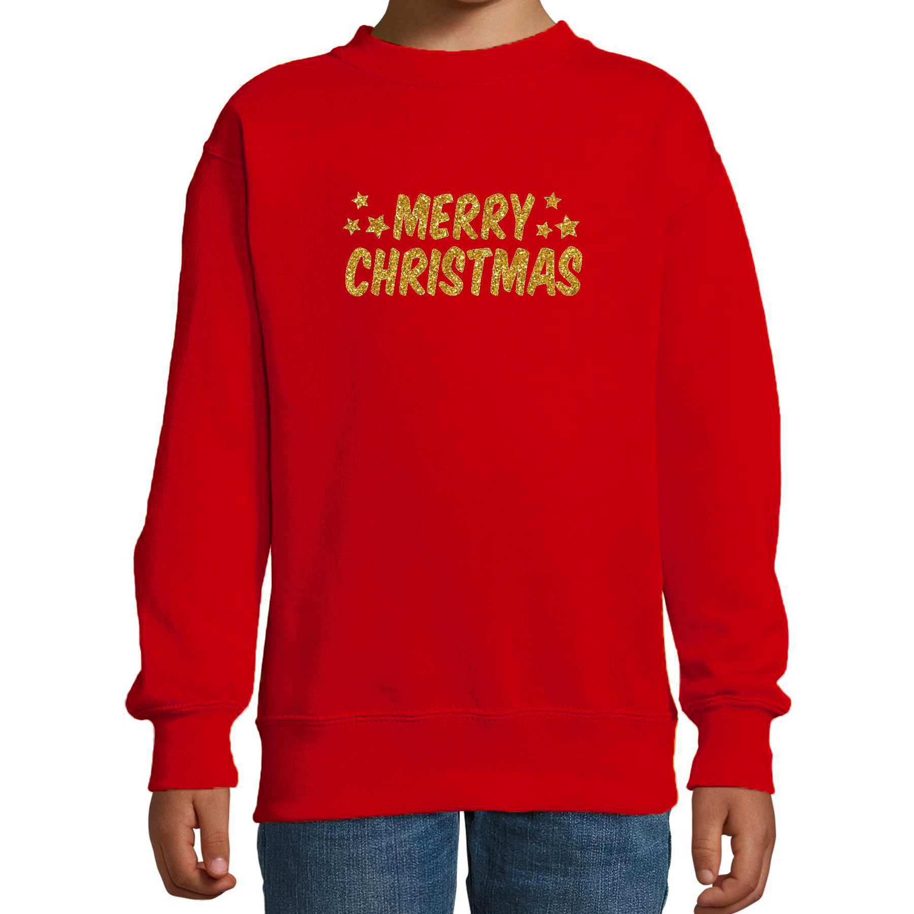 Merry Christmas Kerst sweater - trui rood voor kinderen met gouden glitter bedrukking