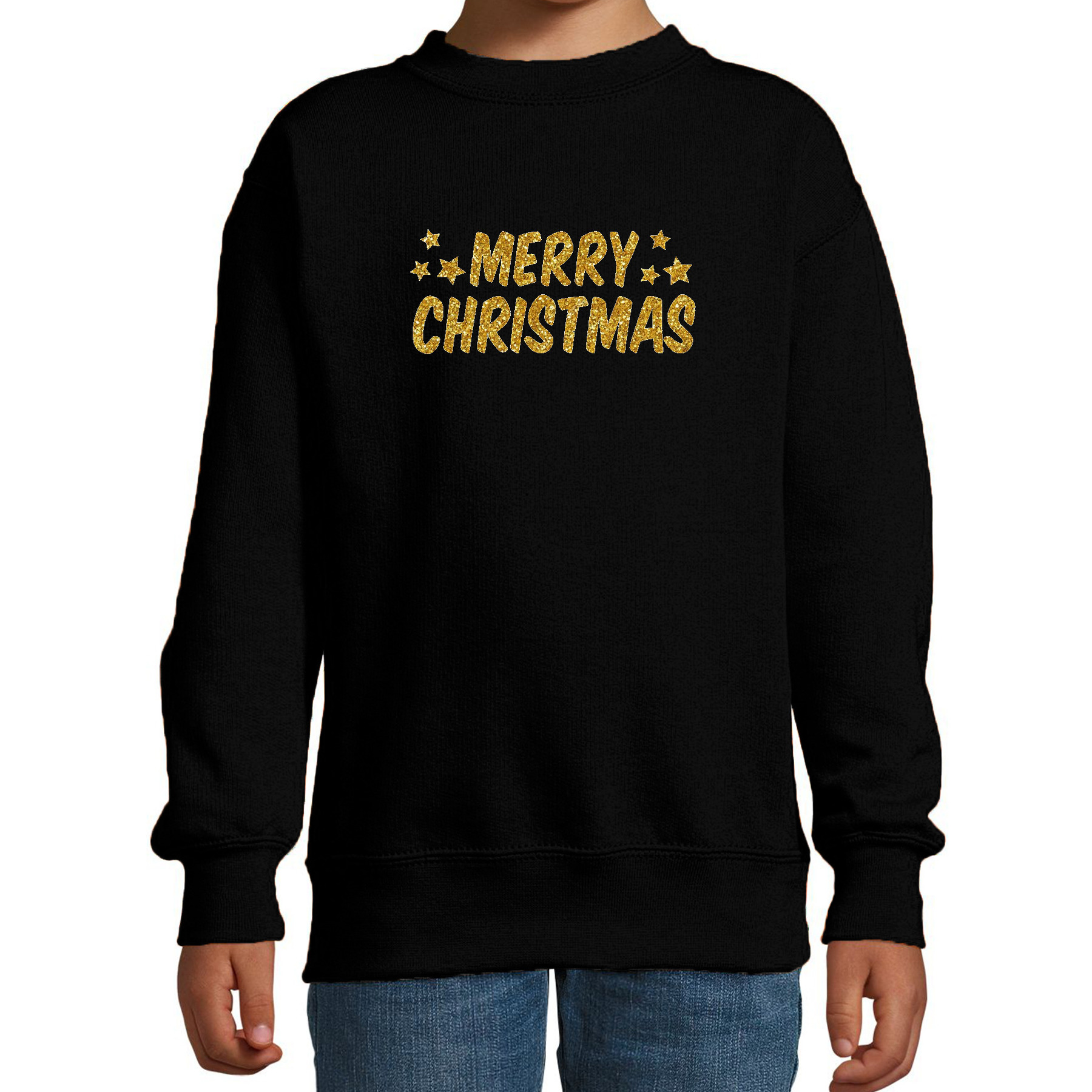 Merry Christmas Kerst sweater - trui zwart voor kinderen met gouden glitter bedrukking
