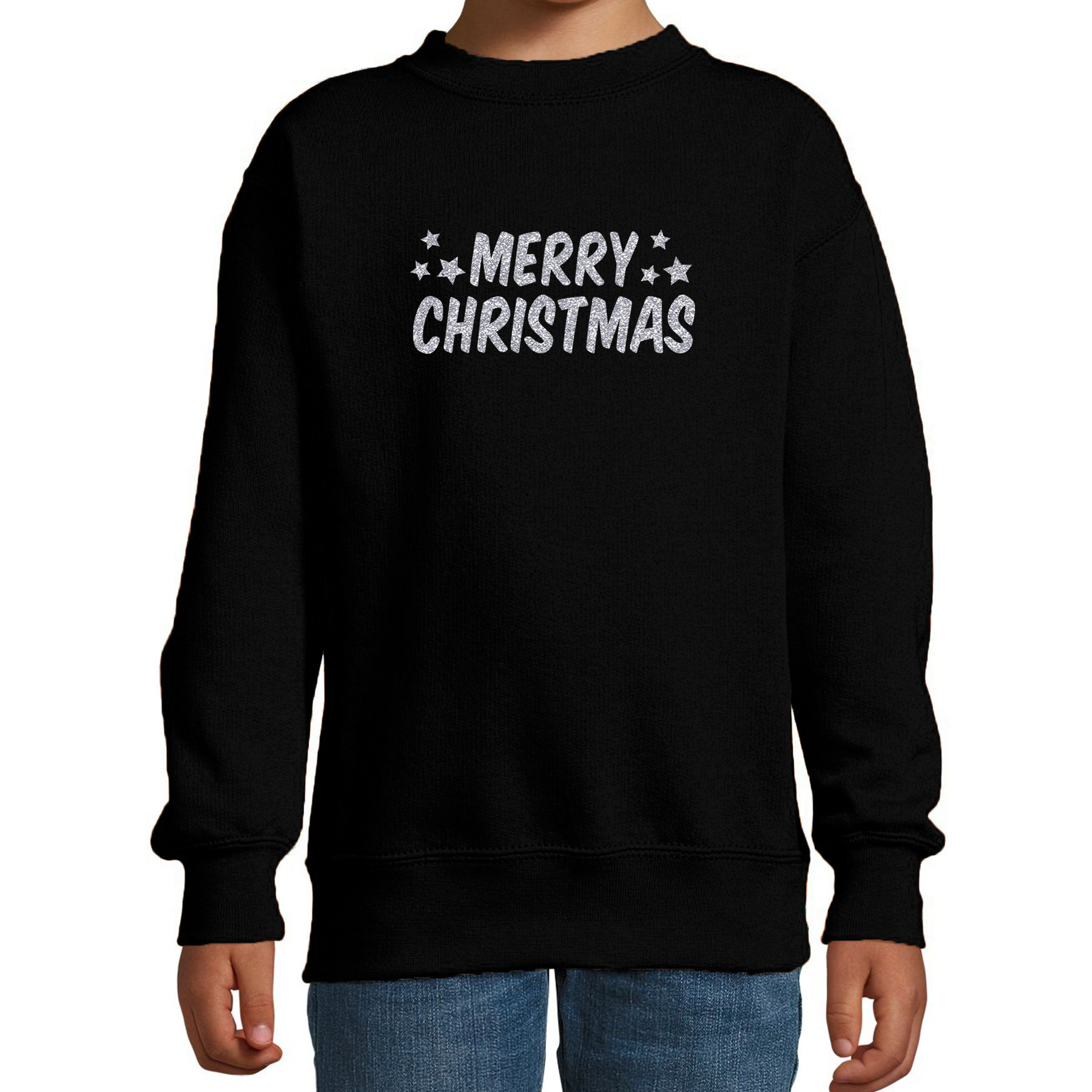Merry Christmas Kerst sweater - trui zwart voor kinderen met zilveren glitter bedrukking