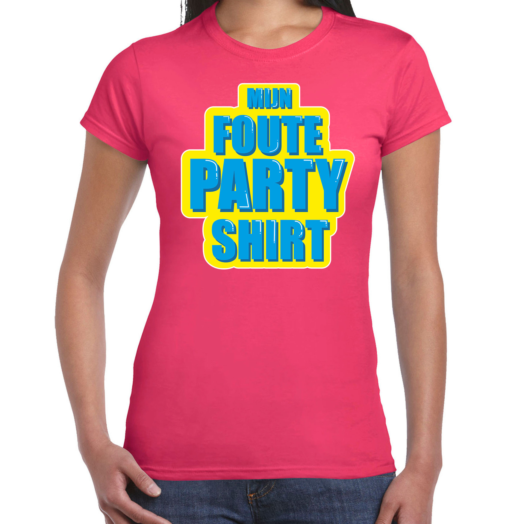 Mijn foute partyshirt fun tekst t-shirt voor dames roze met blauwe opdruk