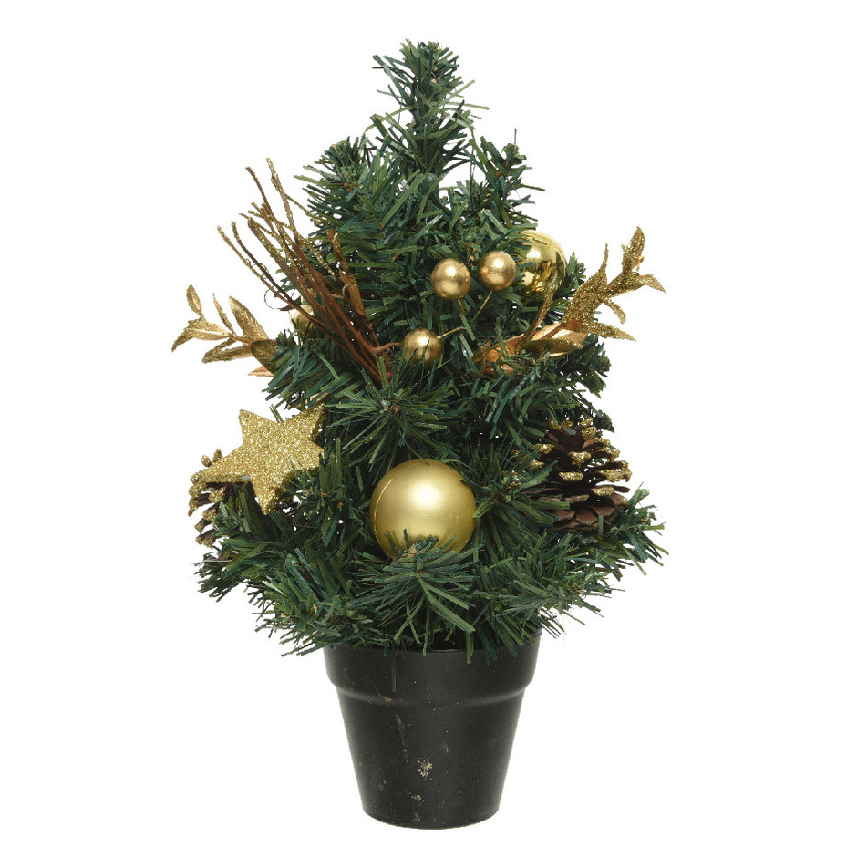 Mini kunst kerstbomen-kunstbomen met gouden versiering 30 cm