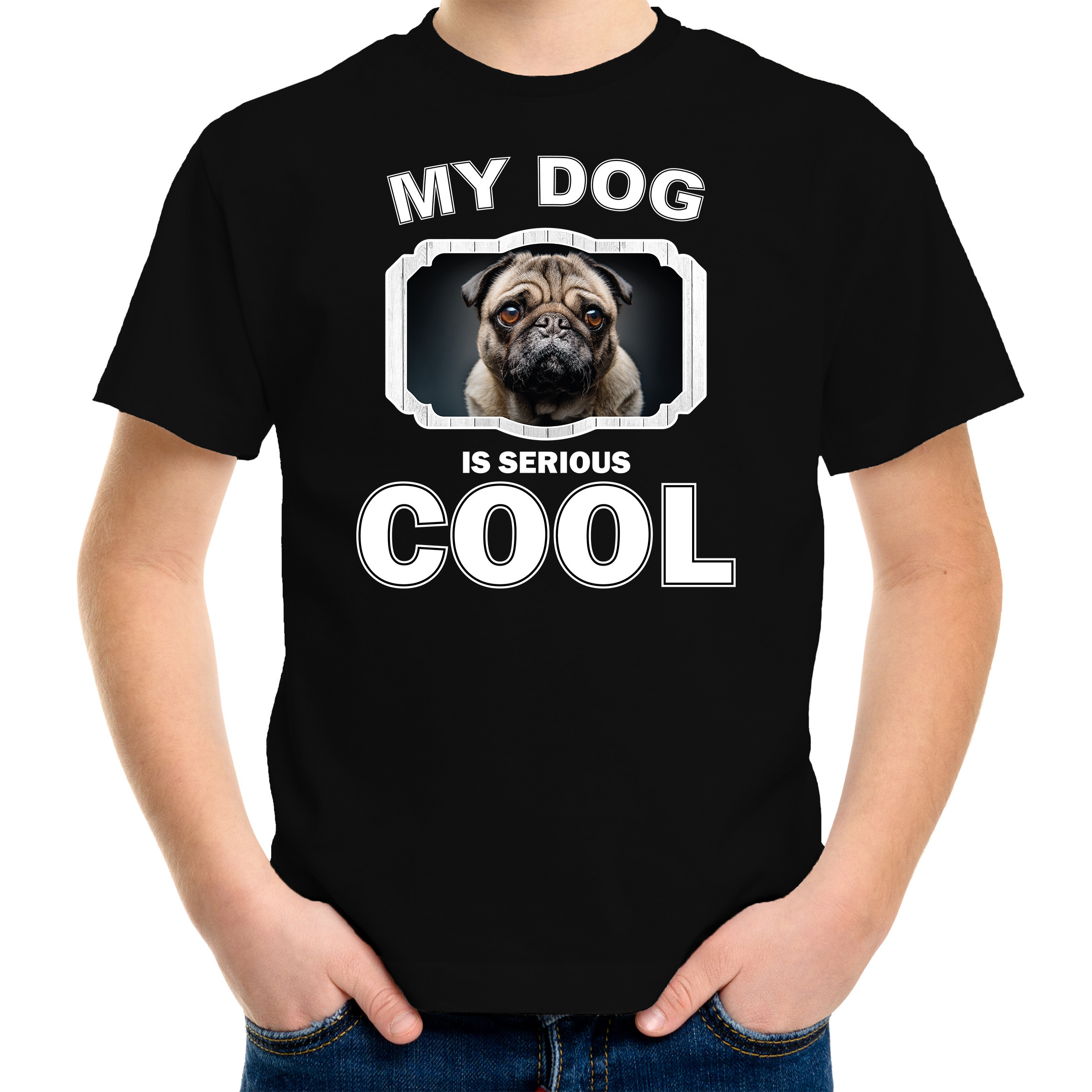 Mopshond honden t-shirt my dog is serious cool zwart voor kinderen