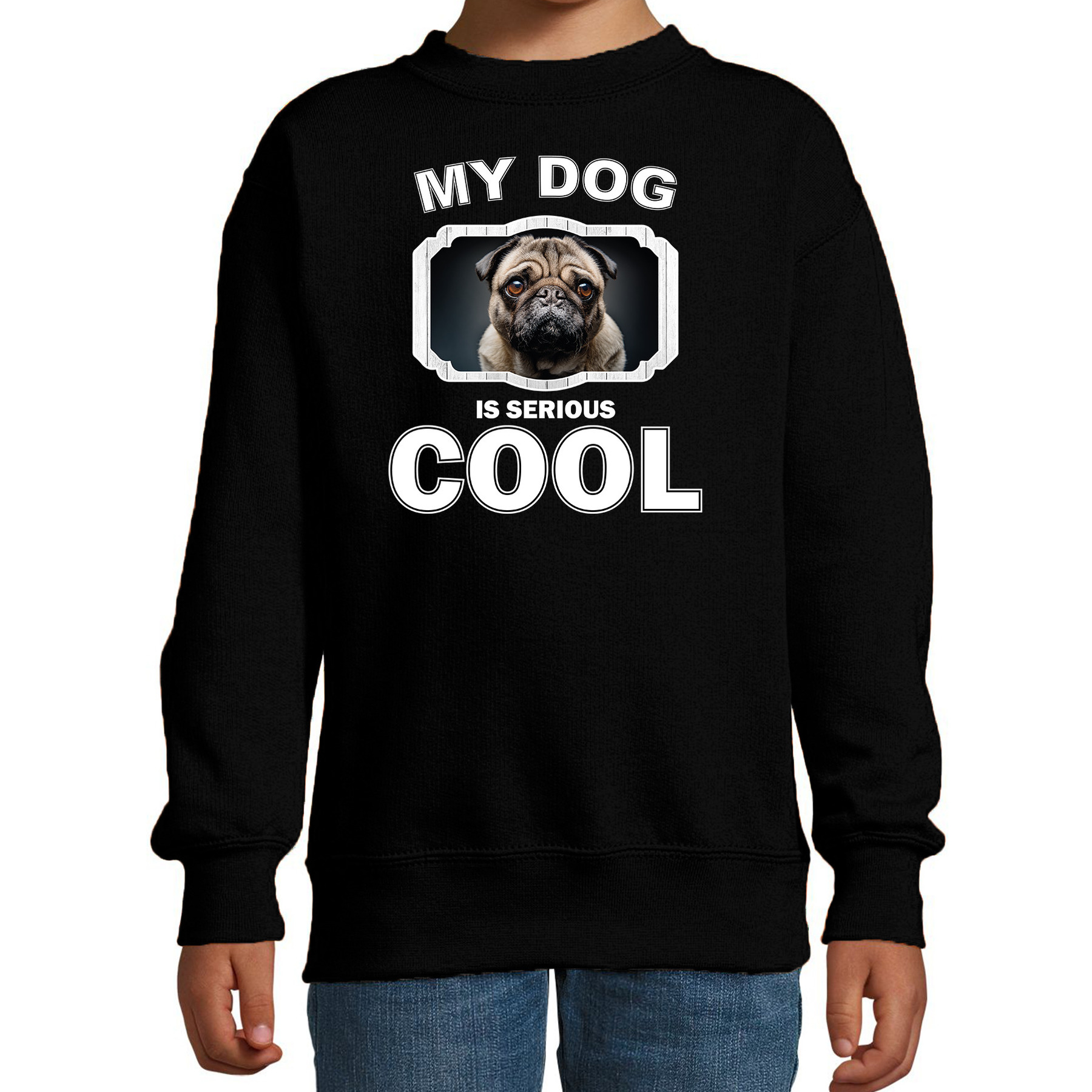 Mopshond honden trui-sweater my dog is serious cool zwart voor kinderen