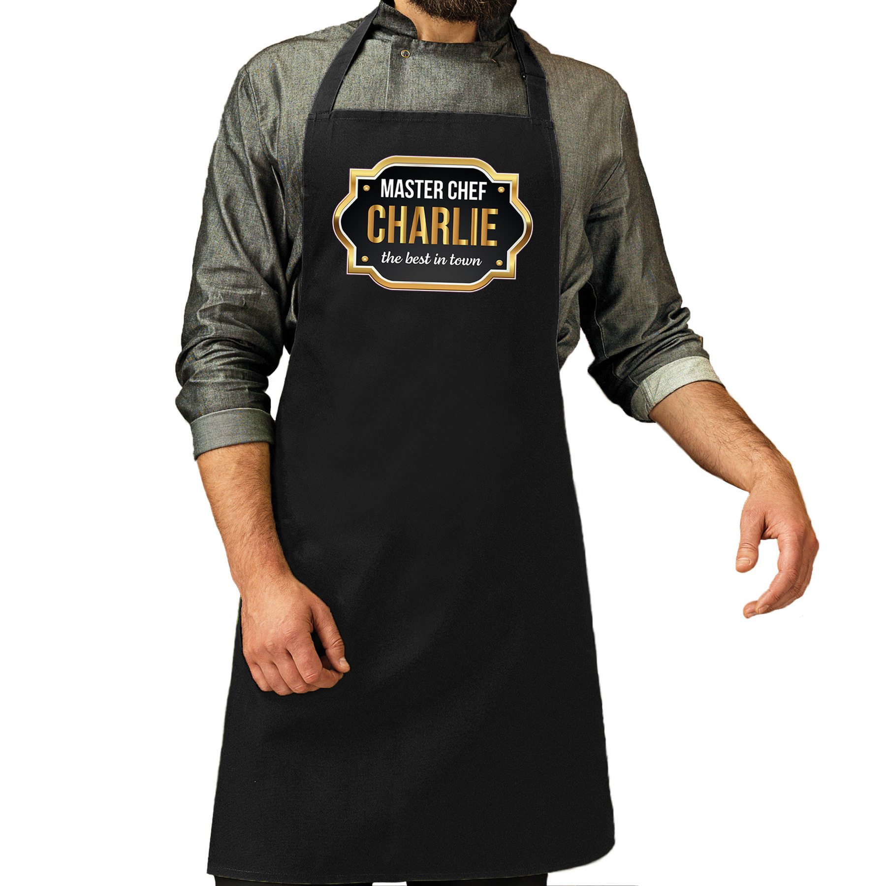 Naam cadeau master chef schort Charlie zwart keukenschort cadeau