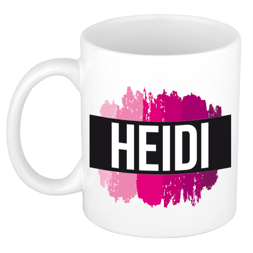 Naam cadeau mok-beker Heidi met roze verfstrepen 300 ml