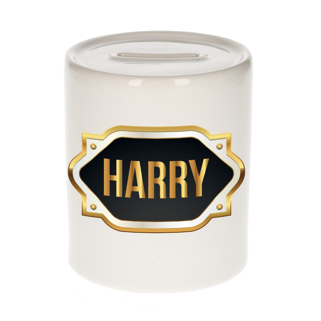 Naam cadeau spaarpot Harry met gouden embleem