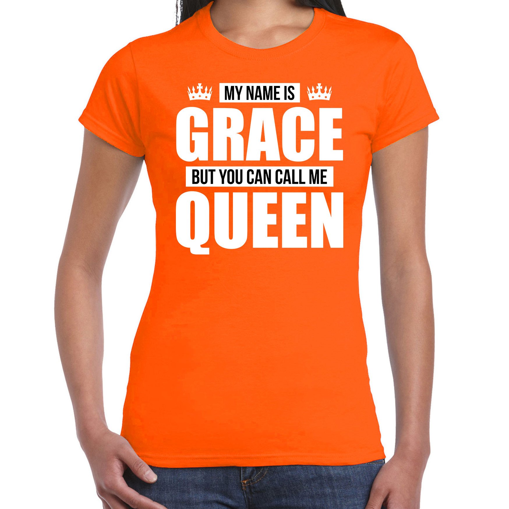 Naam cadeau t-shirt my name is Grace but you can call me Queen oranje voor dames