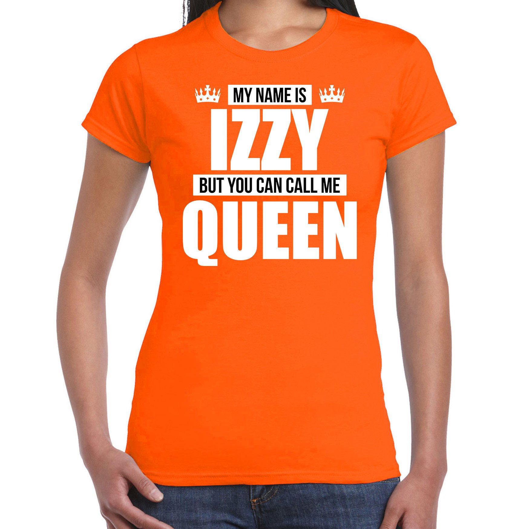 Naam cadeau t-shirt my name is Izzy but you can call me Queen oranje voor dames