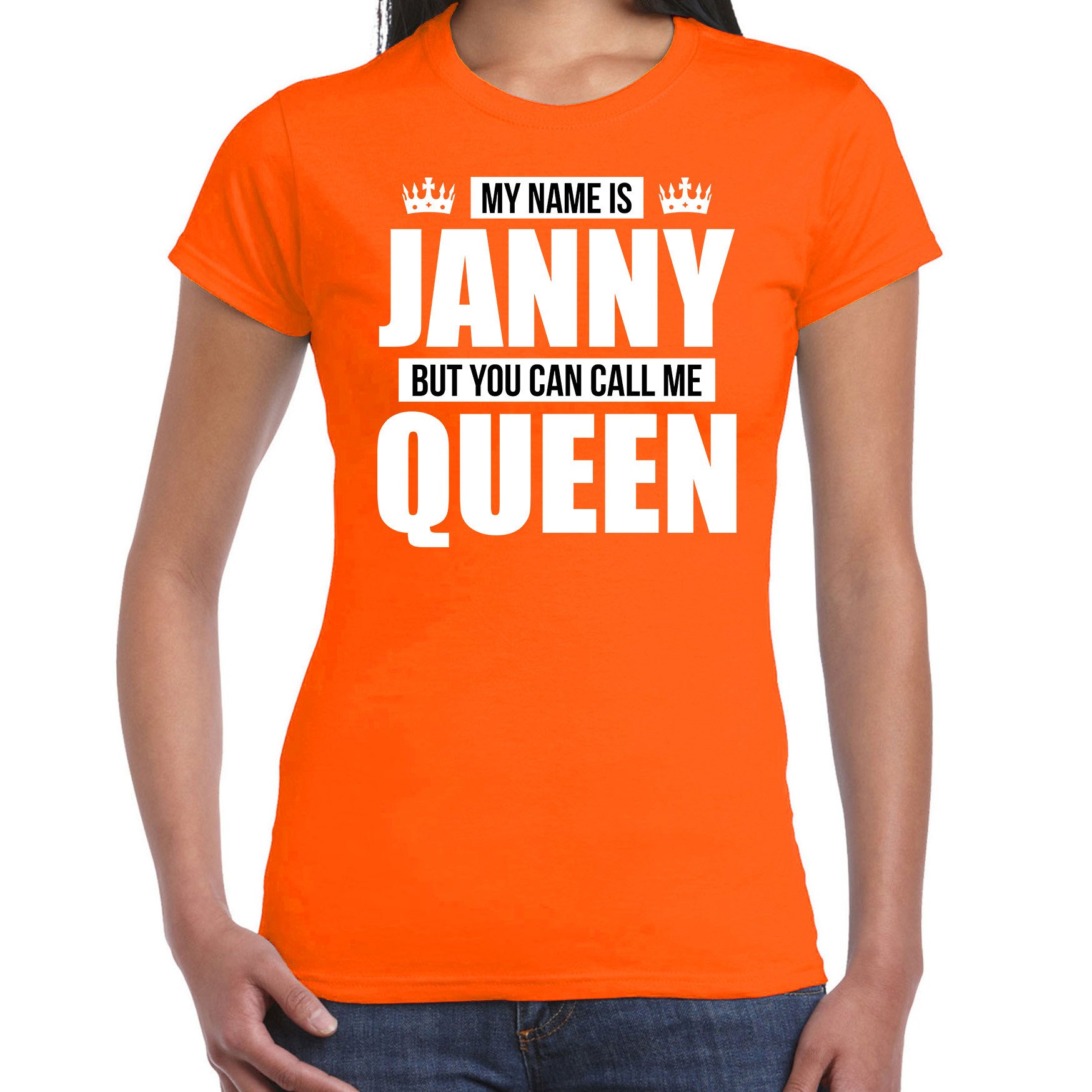 Naam cadeau t-shirt my name is Janny but you can call me Queen oranje voor dames