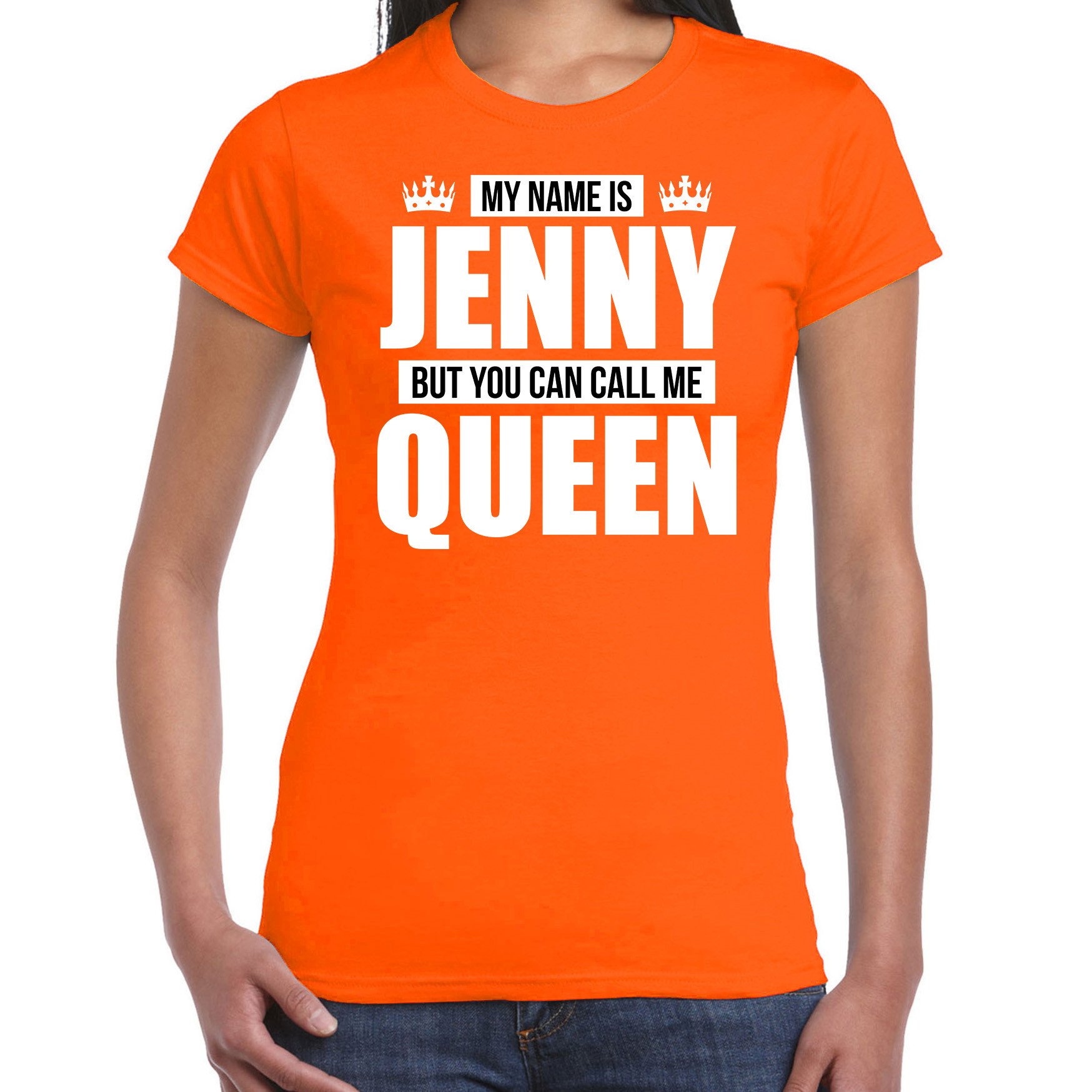 Naam cadeau t-shirt my name is Jenny but you can call me Queen oranje voor dames