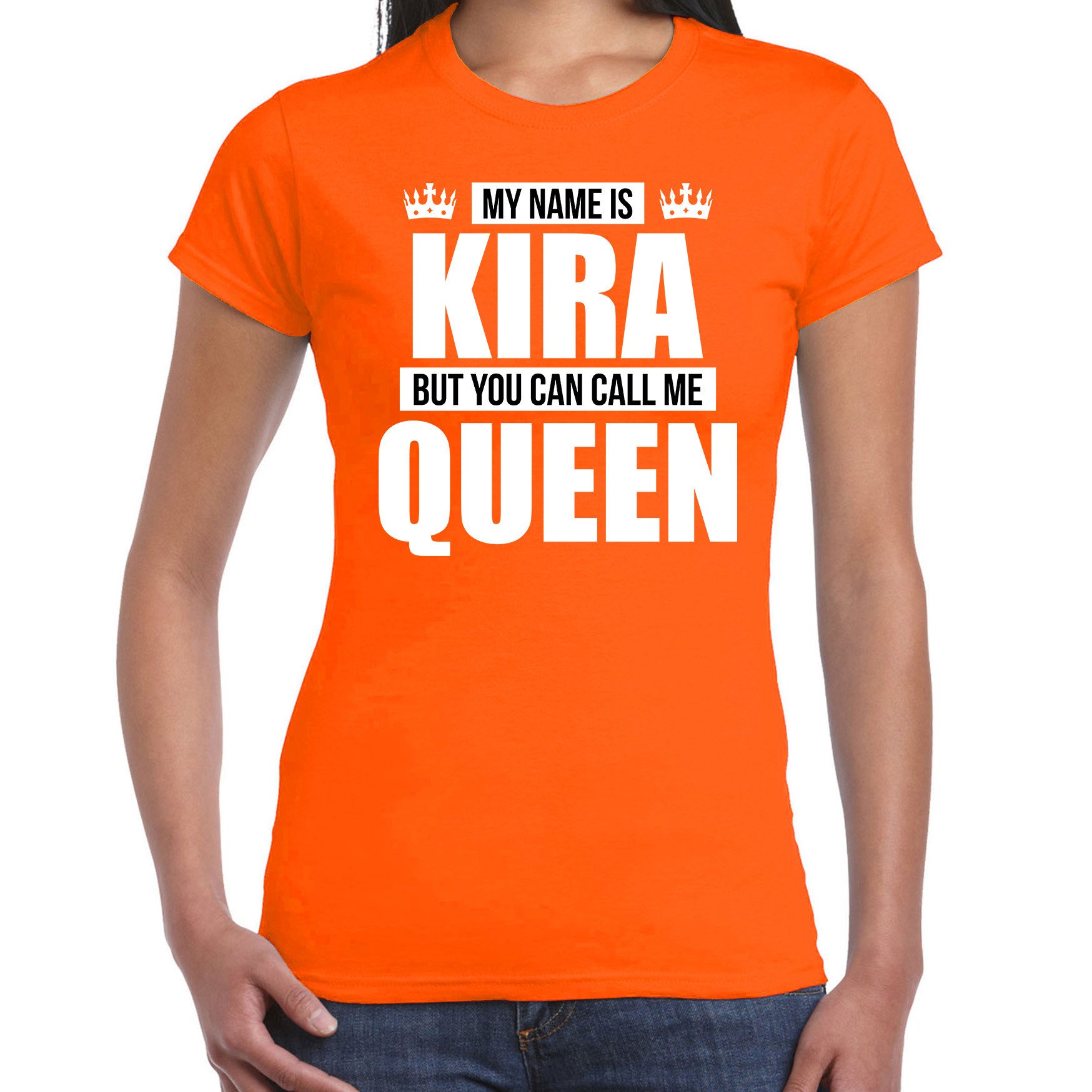 Naam cadeau t-shirt my name is Kira but you can call me Queen oranje voor dames