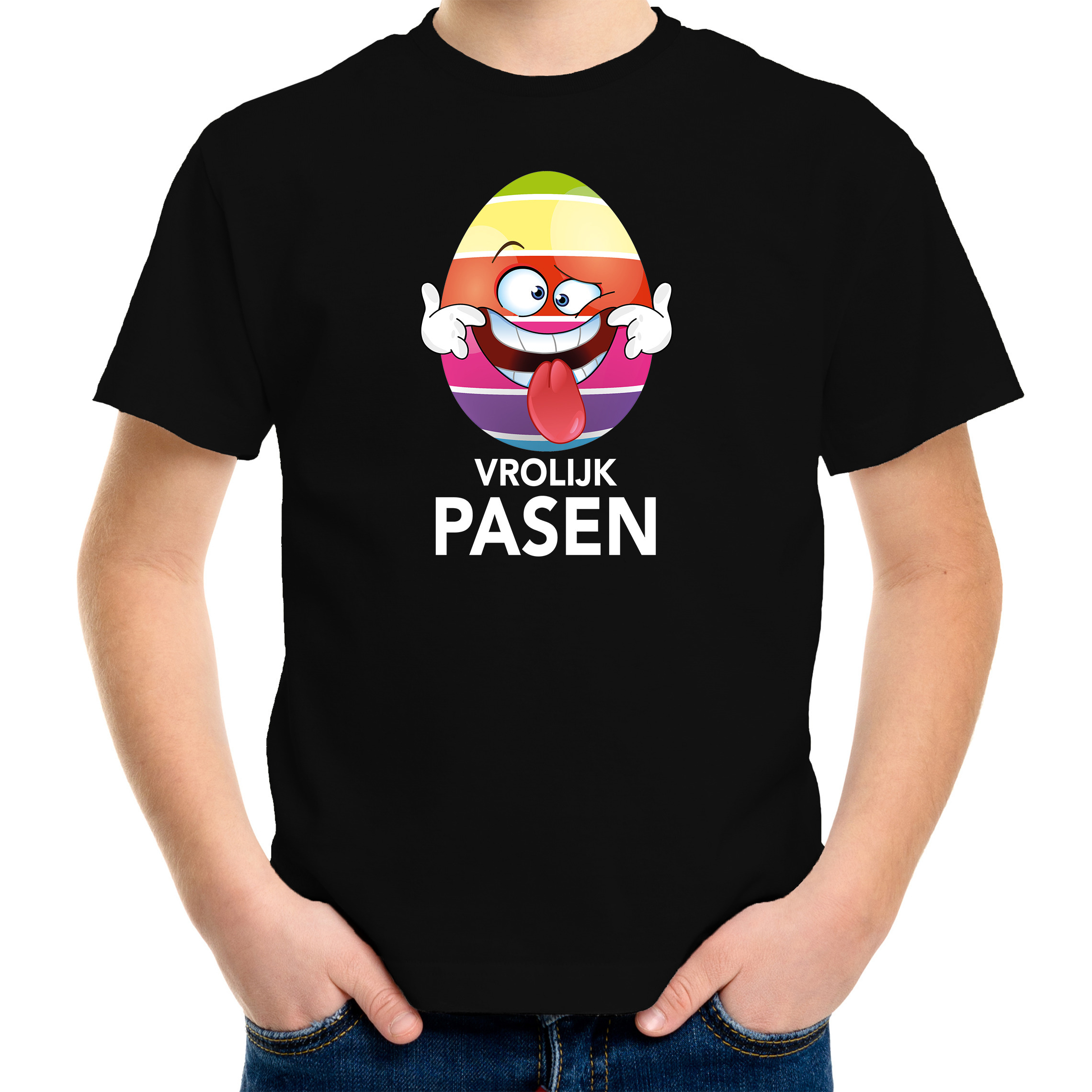 Paasei die tong uitsteekt vrolijk Pasen t-shirt zwart voor kinderen Paas kleding-outfit