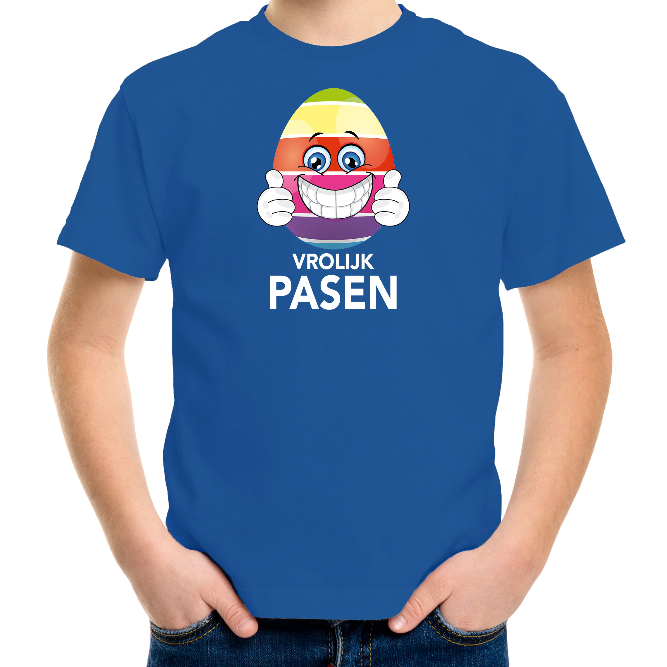 Paasei met duimen omhoog vrolijk Pasen t-shirt blauw voor kinderen Paas kleding-outfit