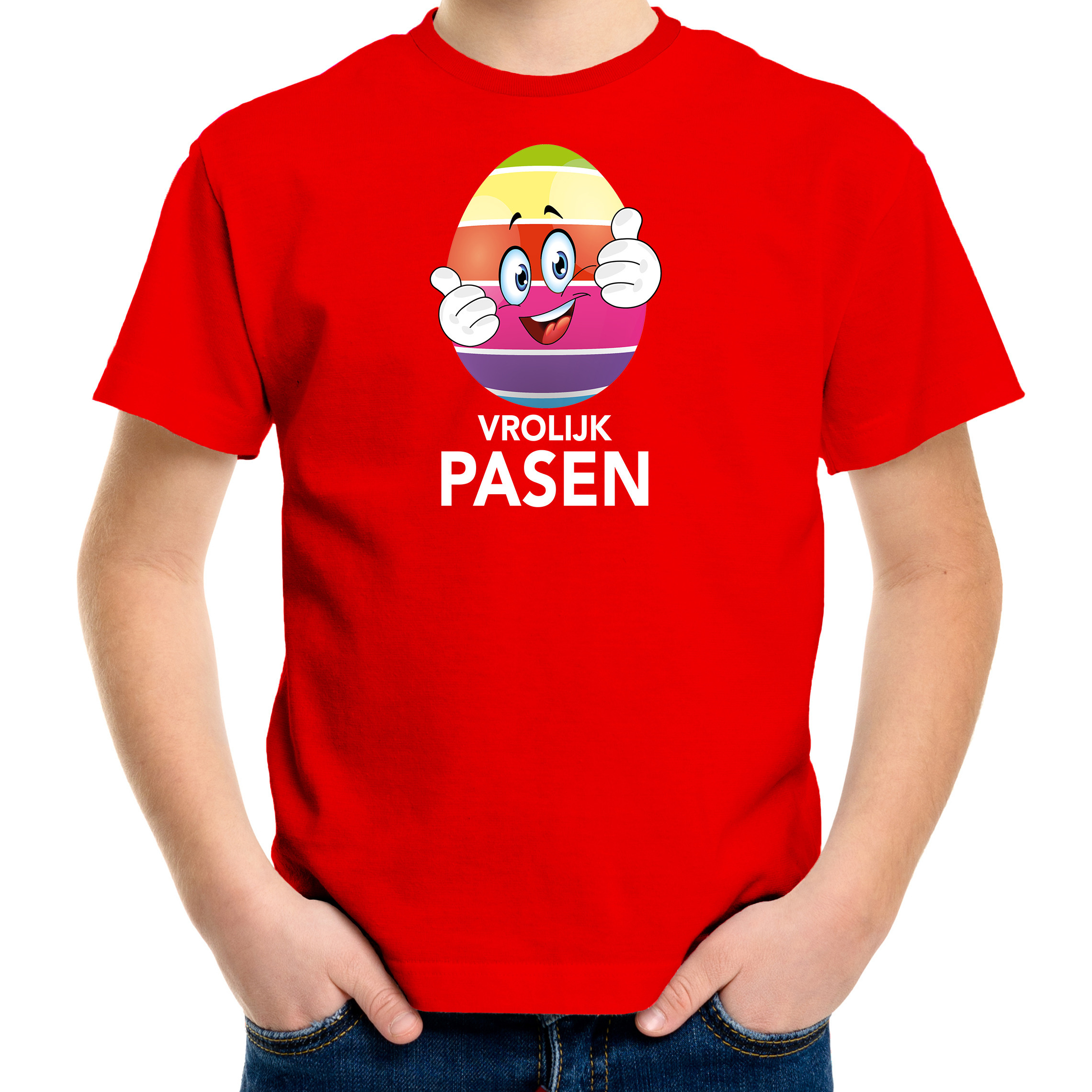 Paasei met duimen schuin omhoog vrolijk Pasen t-shirt rood voor kinderen Paas kleding-outfit