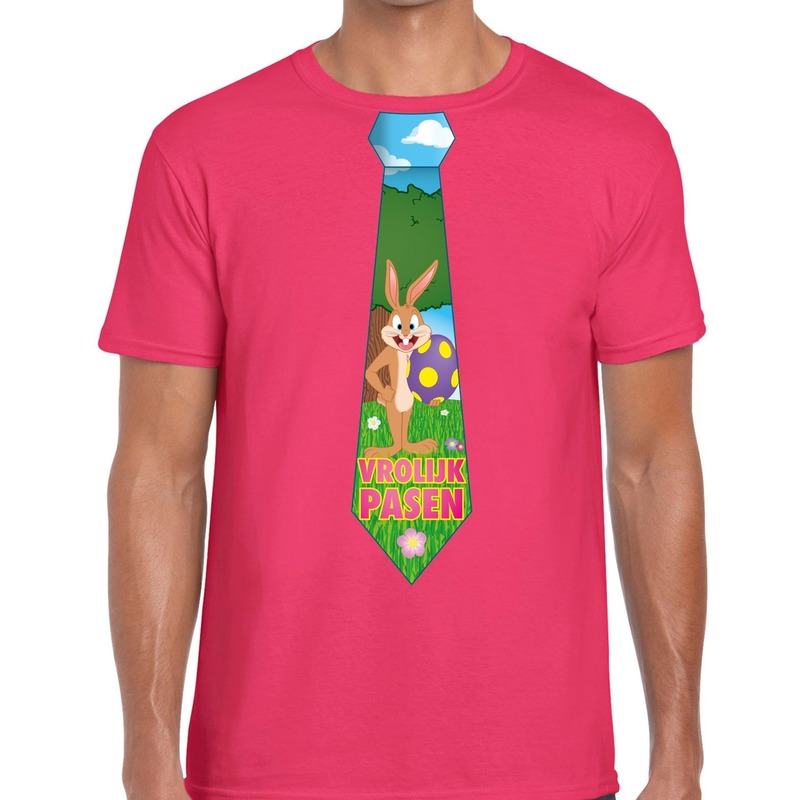 Paashaas stropdas vrolijk Pasen t-shirt roze voor heren