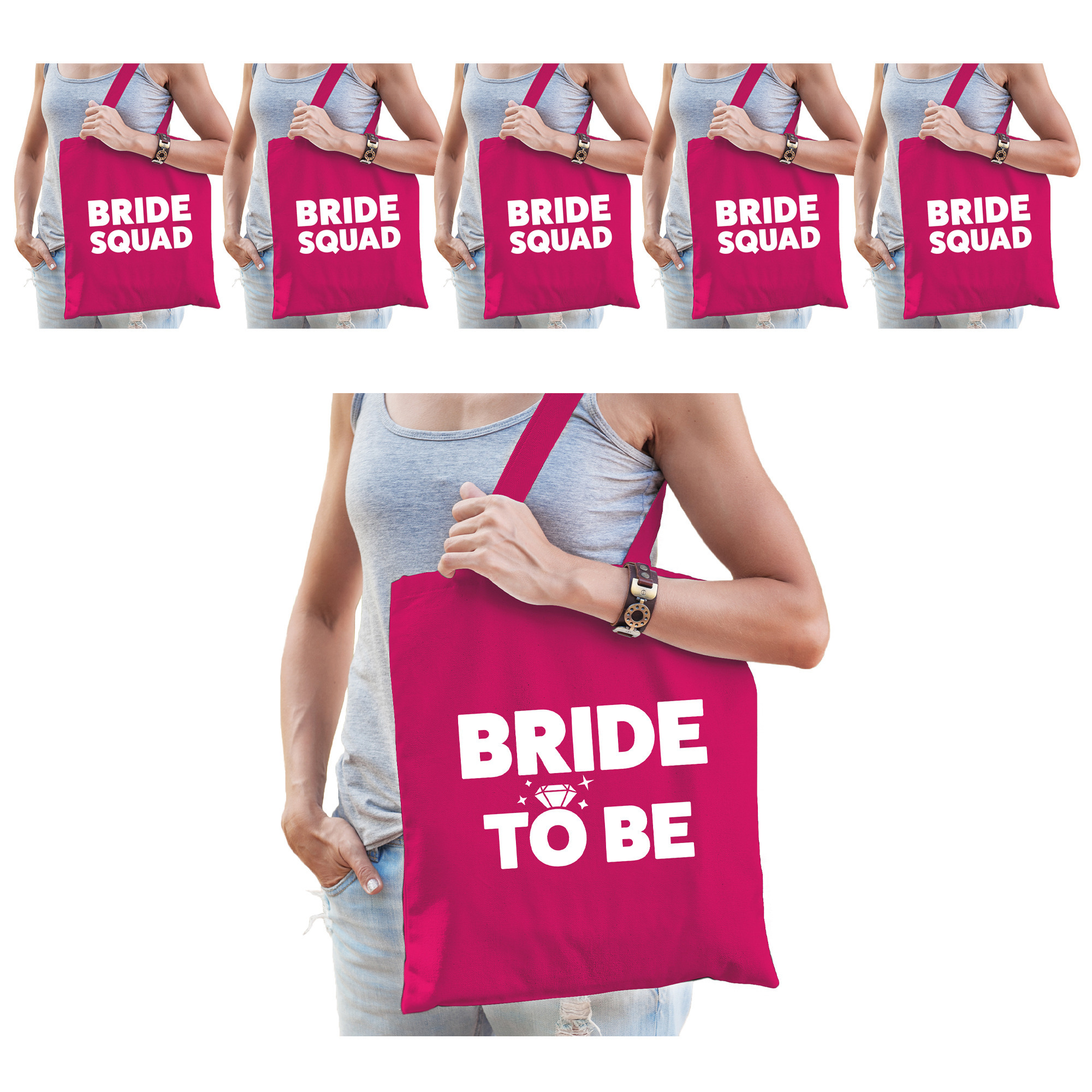 Pakket Vrijgezellenfeest dames tasjes- goodiebag: 1x Bride to Be roze+ 5x Bride Squad roze