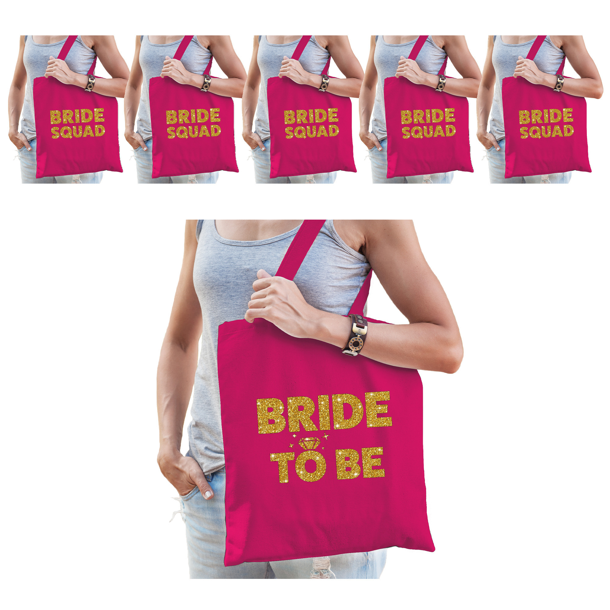 Pakket Vrijgezellenfeest dames tasjes- goodiebag: 1x Bride to Be roze goud+ 5x Bride Squad roze goud