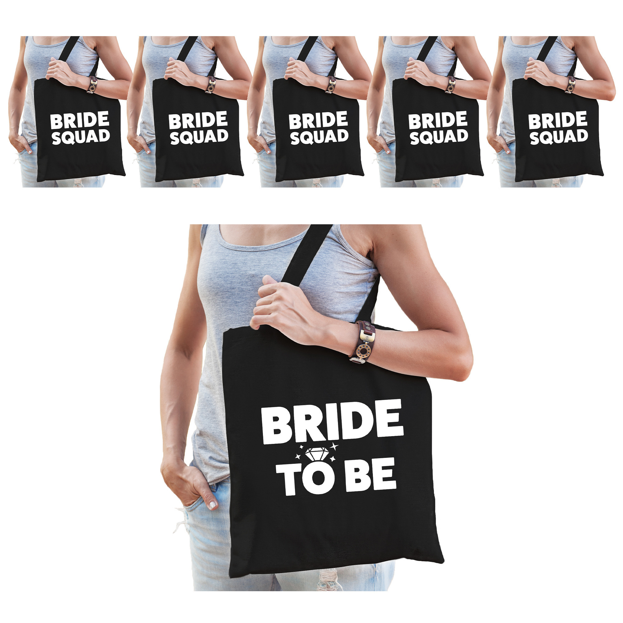 Pakket Vrijgezellenfeest dames tasjes- goodiebag: 1x Bride to Be zwart+ 5x Bride Squad zwart