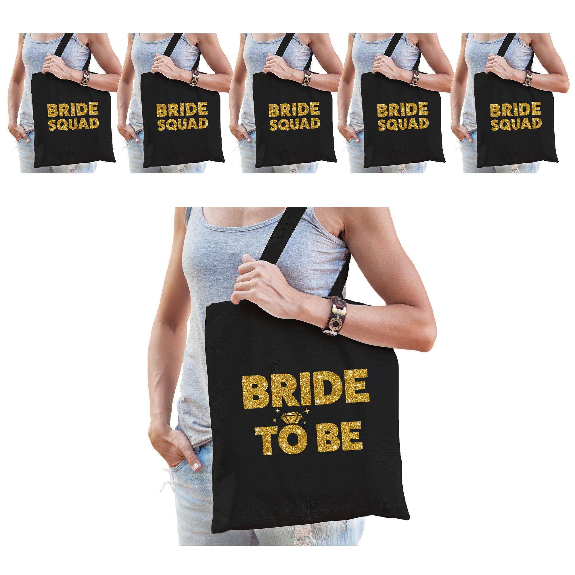 Pakket Vrijgezellenfeest dames tasjes- goodiebag: 1x Bride to Be zwart goud+ 5x Bride Squad zwart go