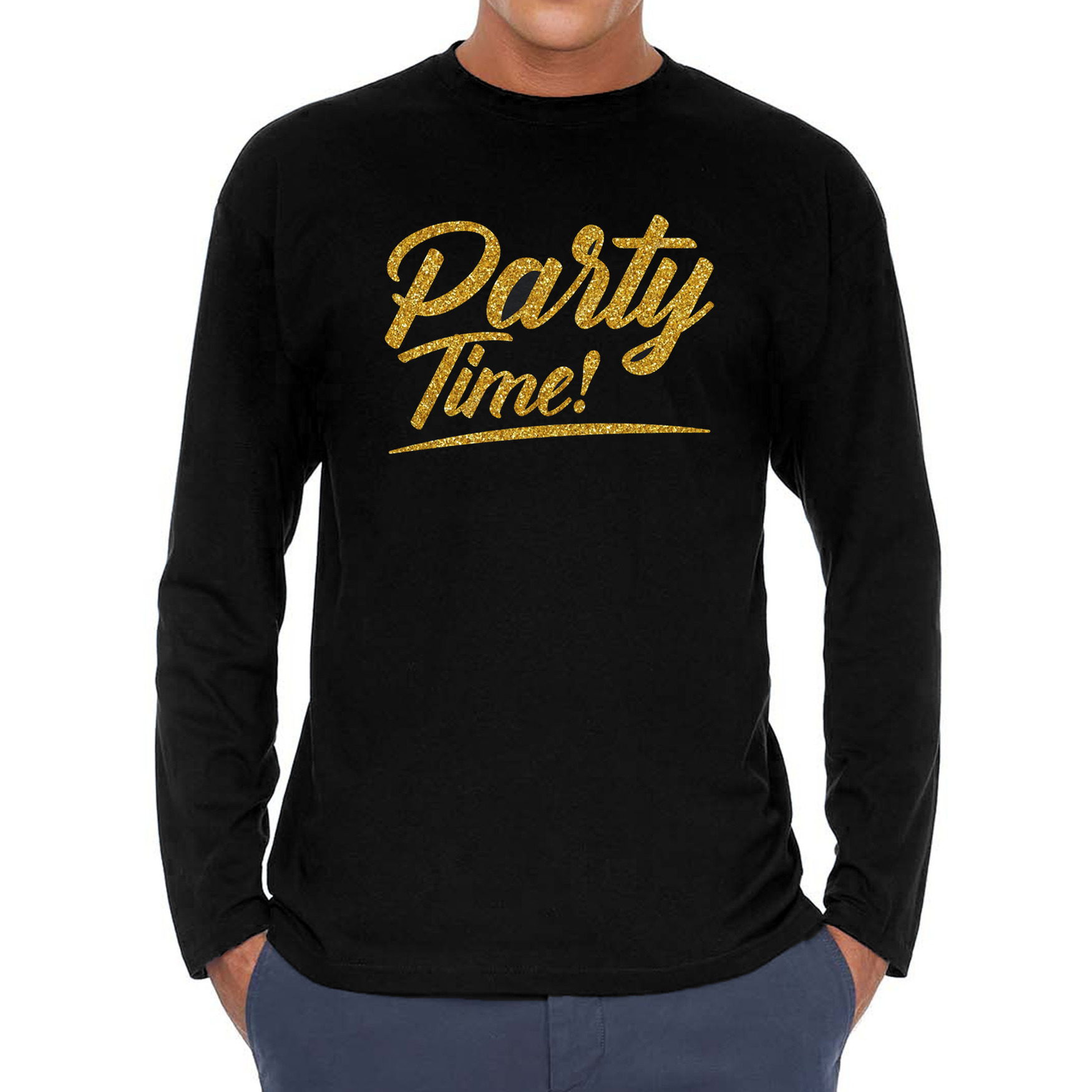 Party time goud tekst longsleeve zwart heren Glitter en Glamour goud party kleding shirt