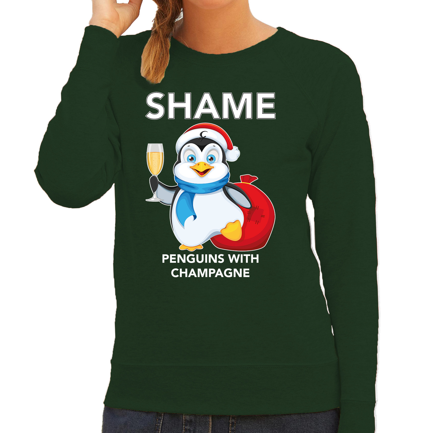 Pinguin Kerstsweater-outfit Shame penguins with champagne groen voor dames