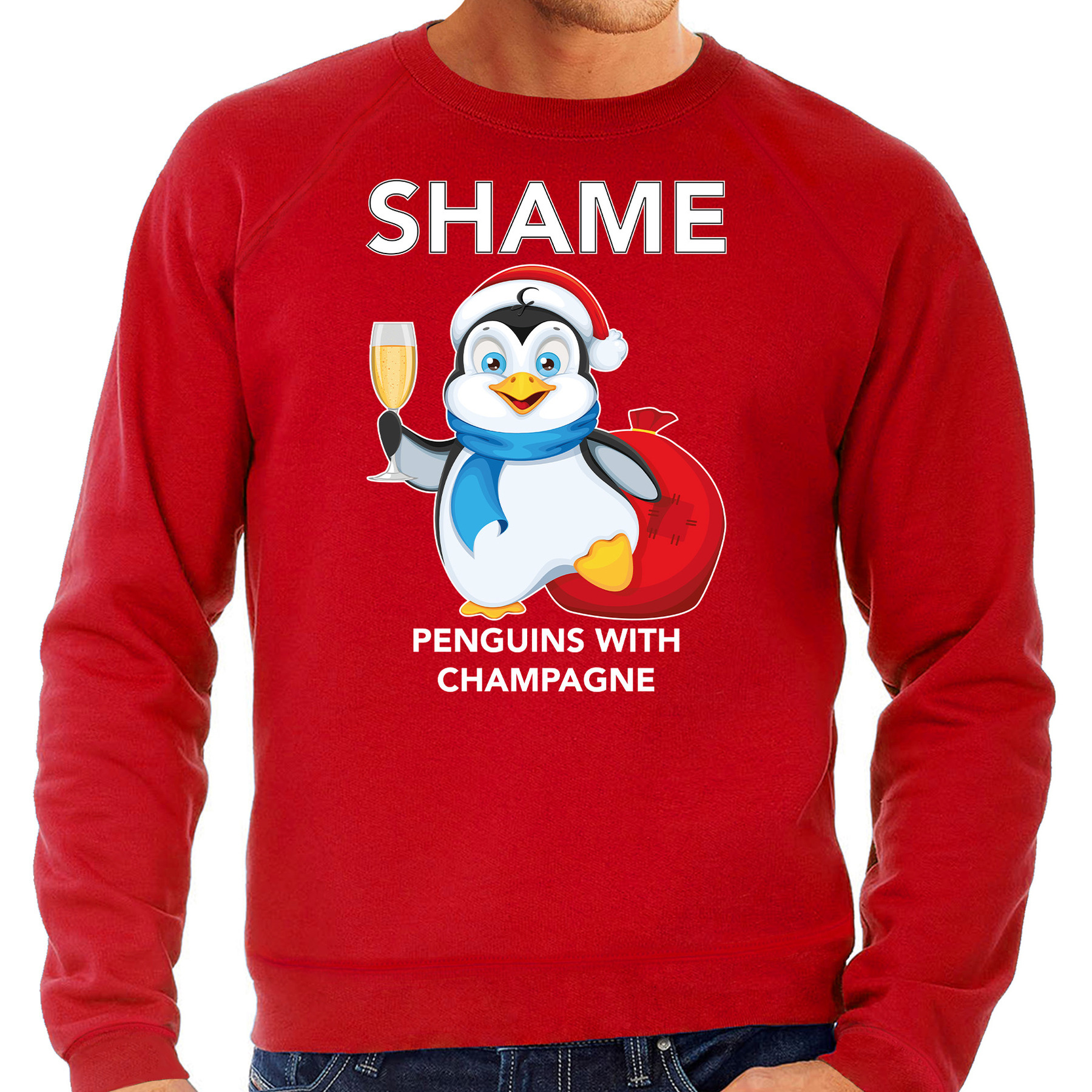 Pinguin Kersttrui-outfit Shame penguins with champagne rood voor heren