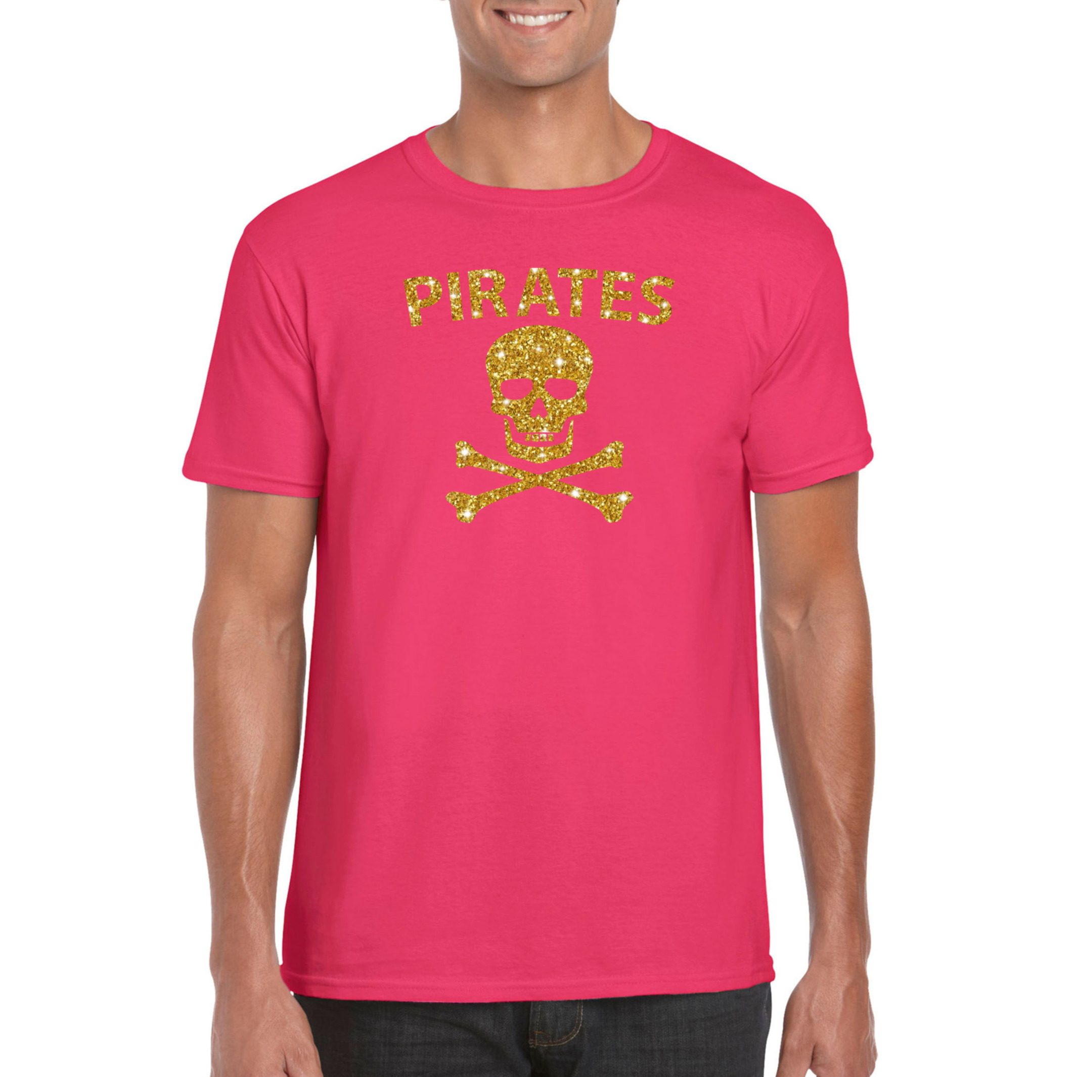 Piraten shirt-foute party verkleed kostuum-outfit goud glitter roze heren