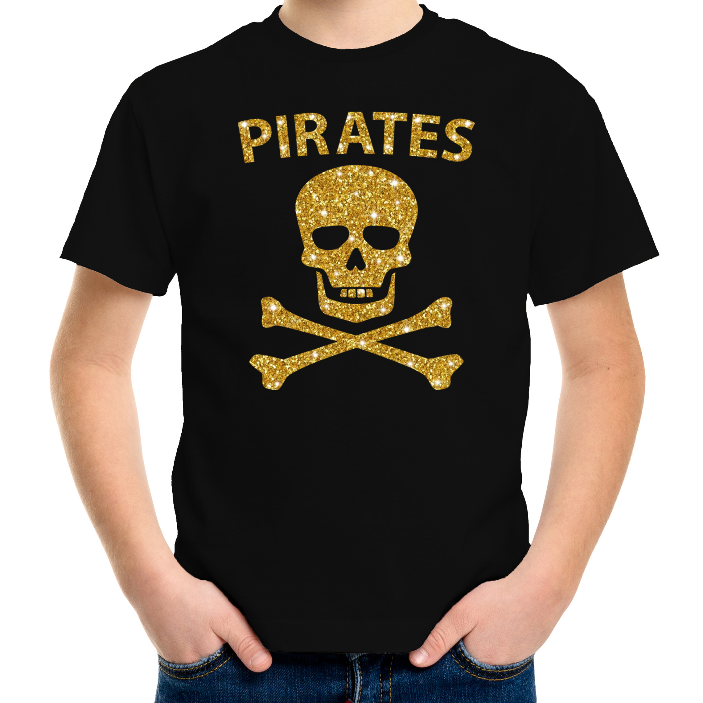 Piraten verkleed shirt goud glitter zwart voor kinderen