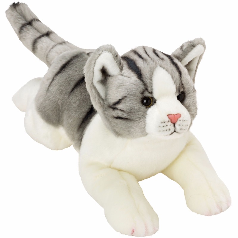 Pluche poes-kat knuffel liggend grijs-wit 33 cm