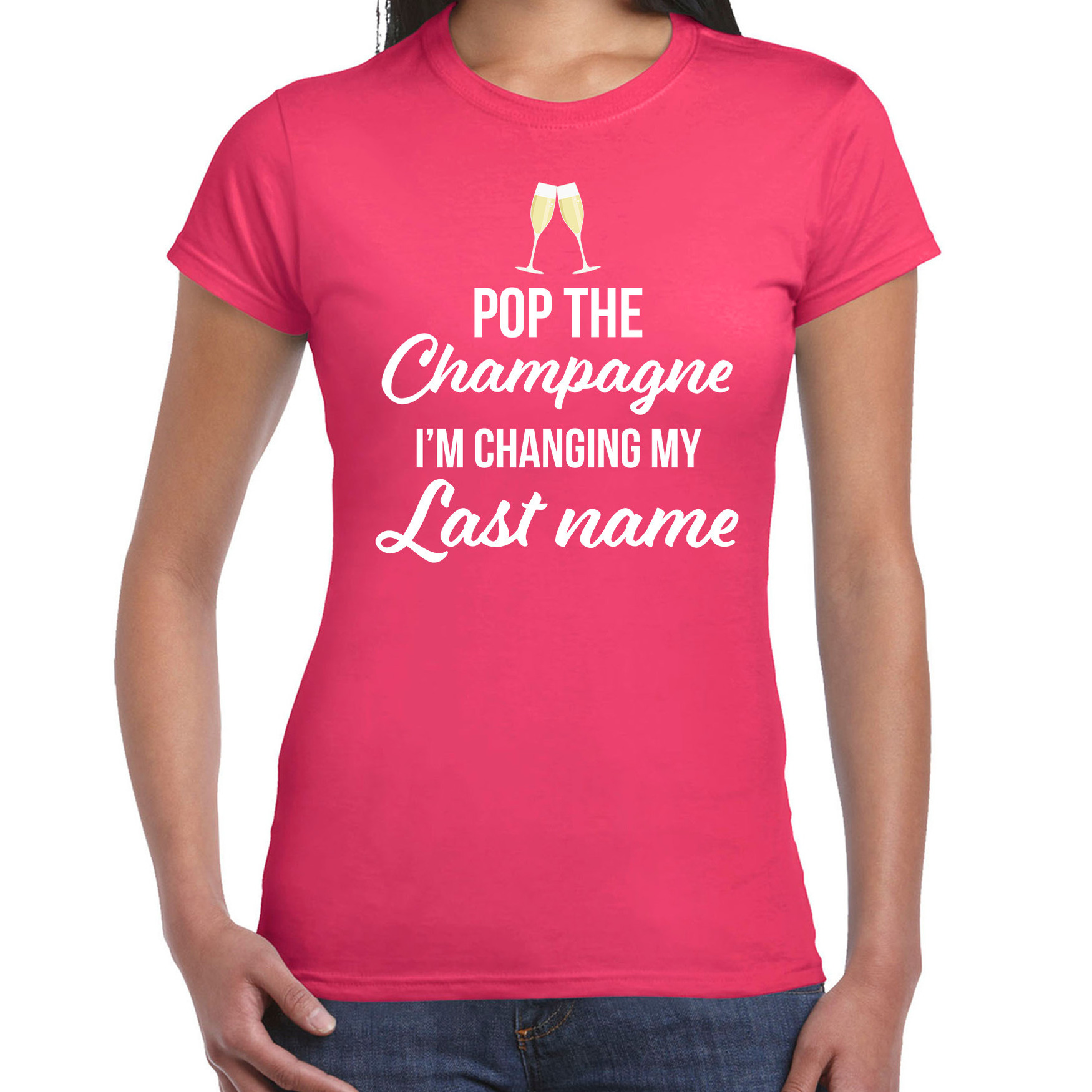 Pop champagne changing last name t-shirt roze voor dames
