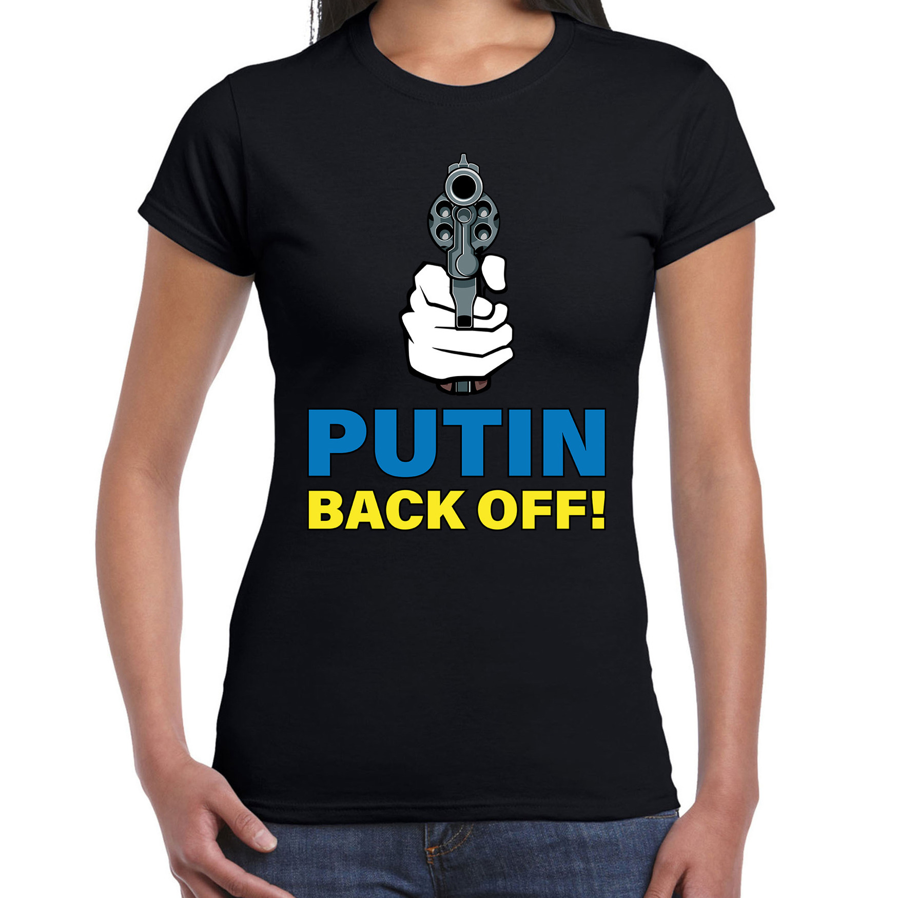 Putin back off-pistool t-shirt zwart dames Oekraine shirt met Oekraiense vlag in letters