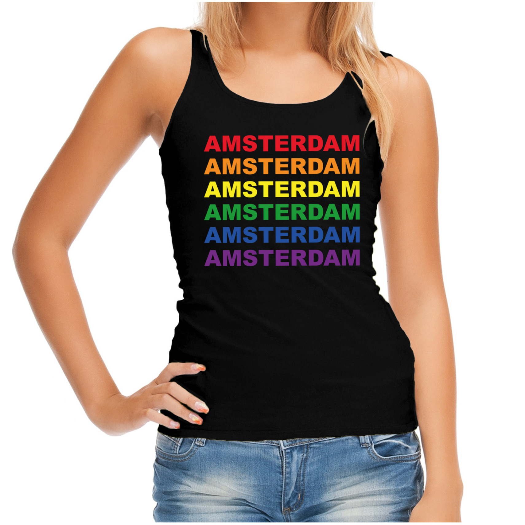 Regenboog Amsterdam gay pride zwarte tanktop voor dames