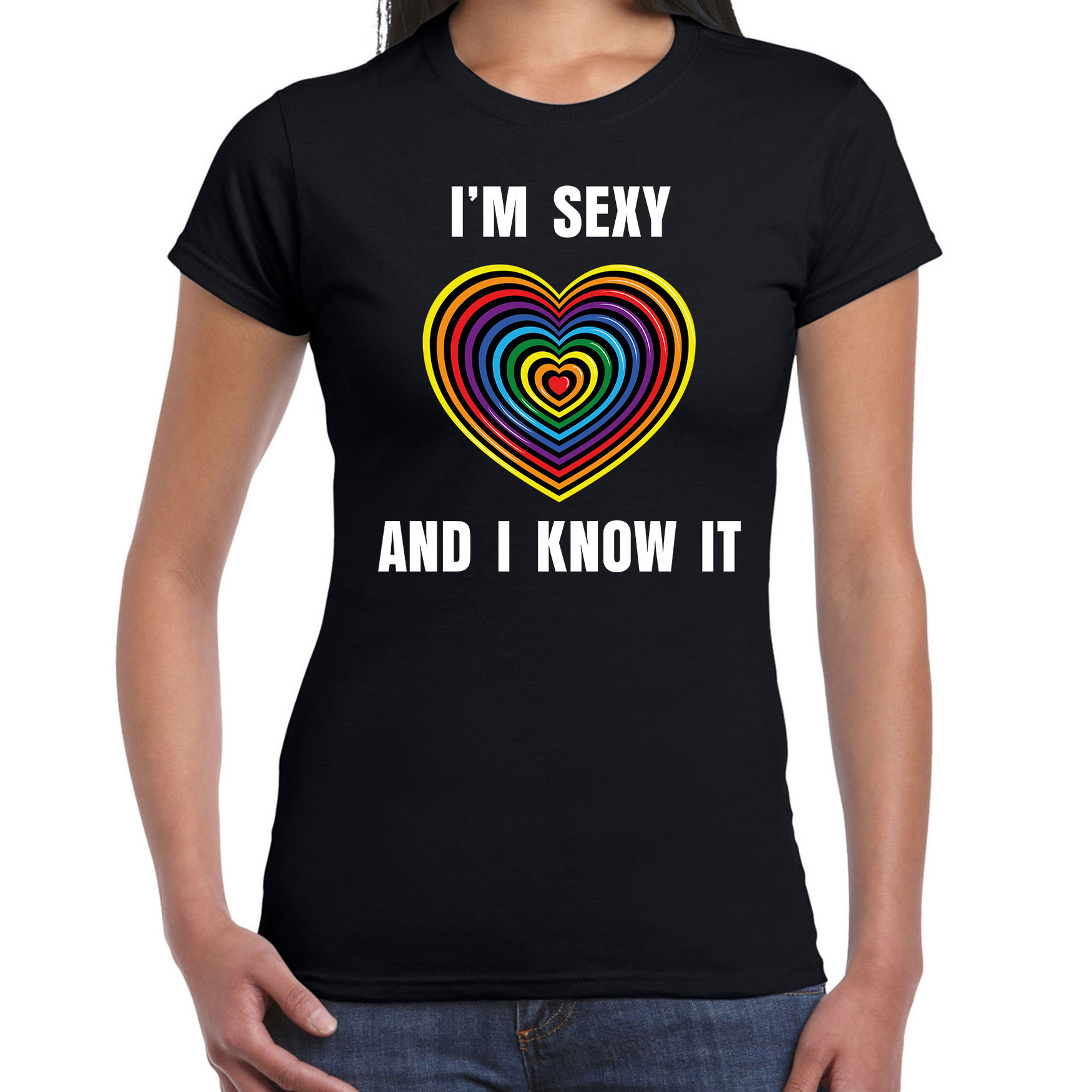 Regenboog hart Sexy and I Know It gay pride zwart t-shirt voor dames