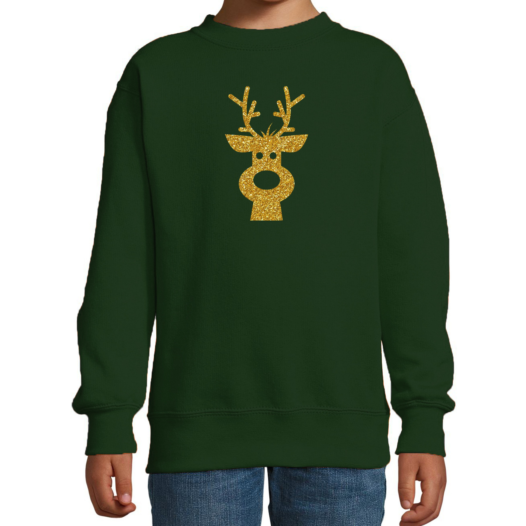 Rendier hoofd Kerstsweater - Kersttrui groen voor kinderen met gouden glitter bedrukking