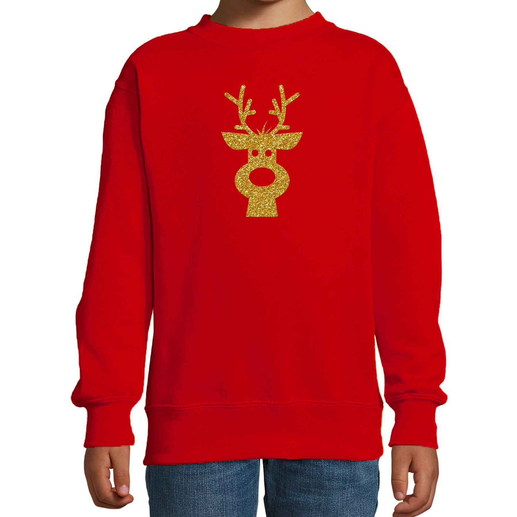 Rendier hoofd Kerstsweater - Kersttrui rood voor kinderen met gouden glitter bedrukking