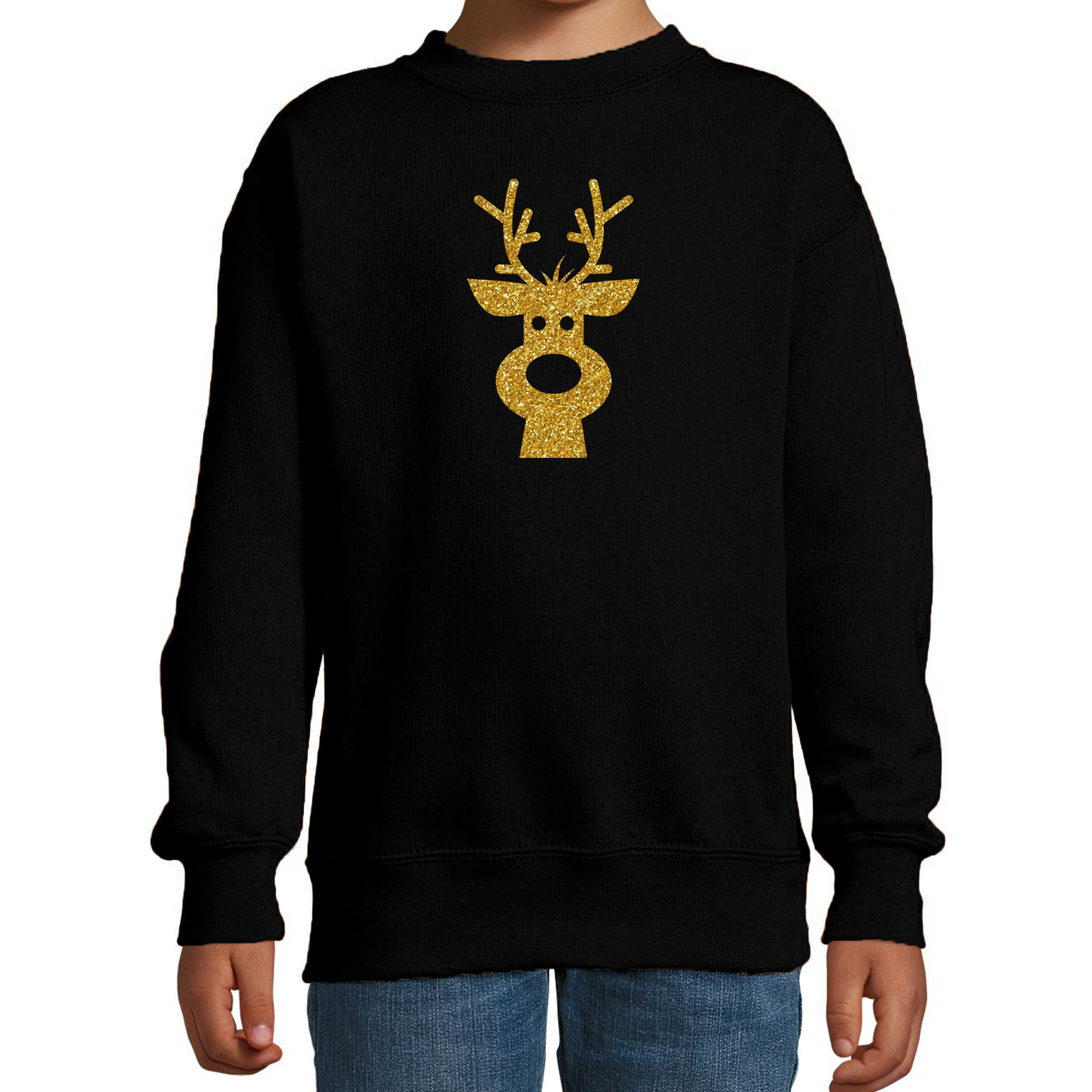 Rendier hoofd Kerstsweater - Kersttrui zwart voor kinderen met gouden glitter bedrukking