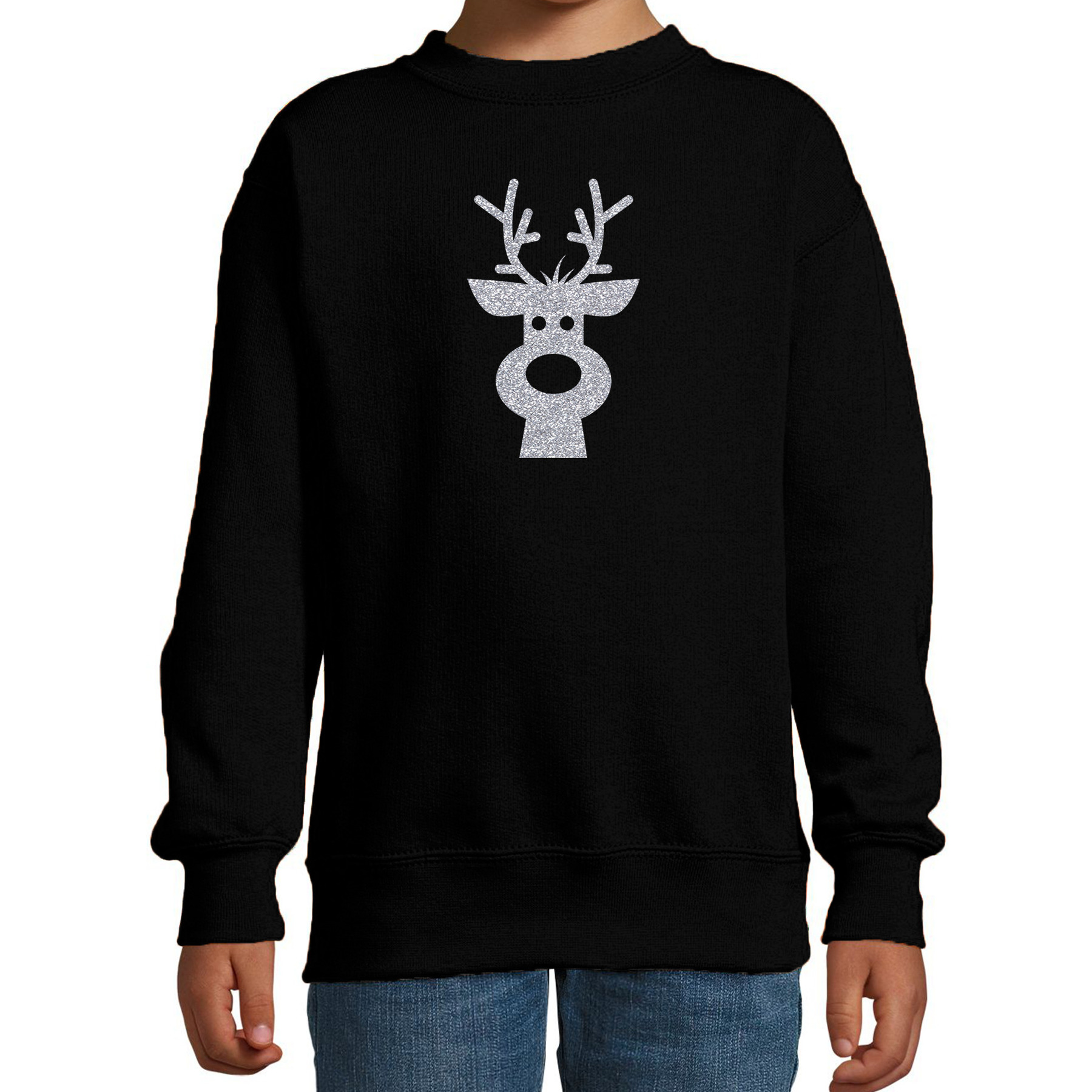 Rendier hoofd Kerstsweater - Kersttrui zwart voor kinderen met zilveren glitter bedrukking
