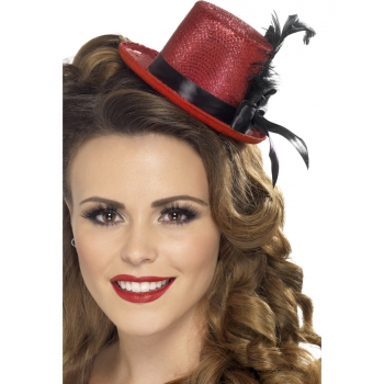 Rode mini hoge hoed met veer - Carnaval verkleed hoedjes