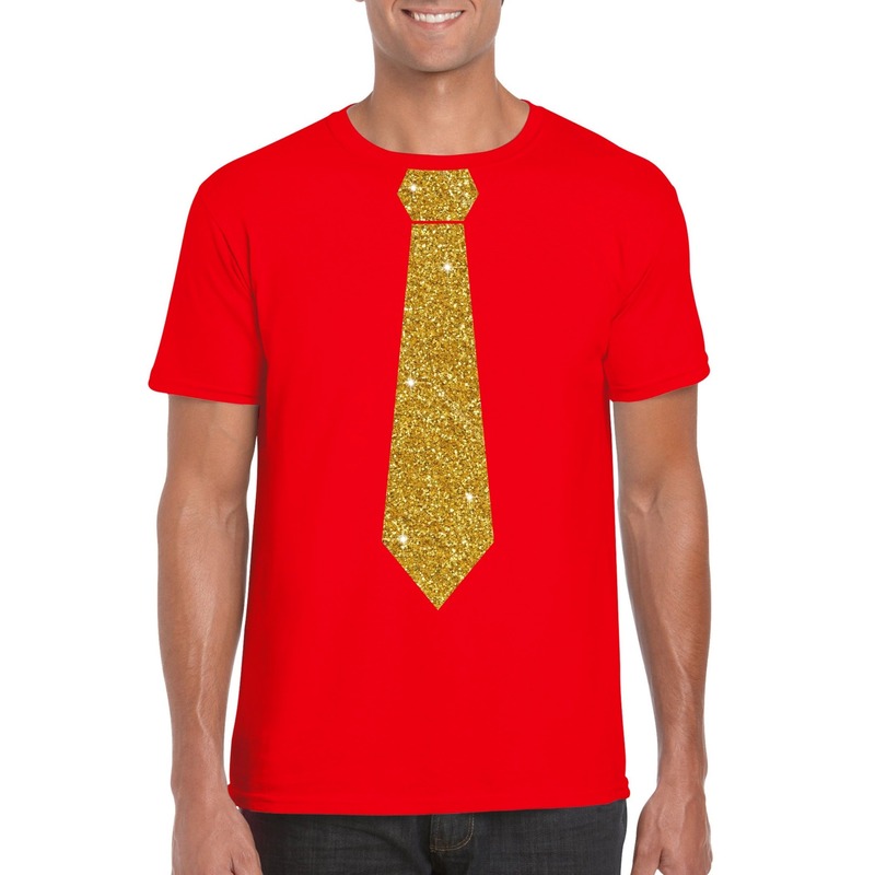 Rood fun t-shirt met stropdas in glitter goud heren