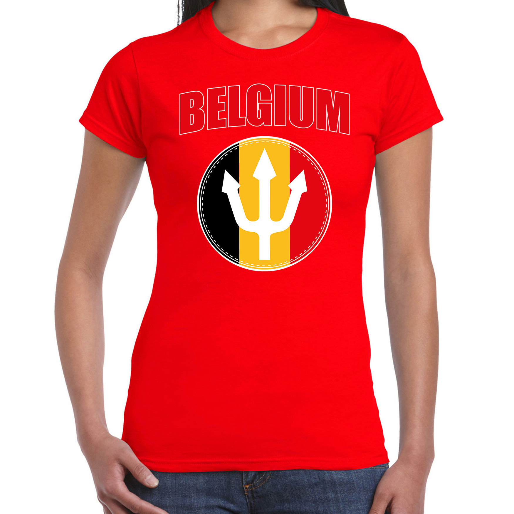 Rood t-shirt Belgium met drietand Belgie supporter EK/ WK voor dames