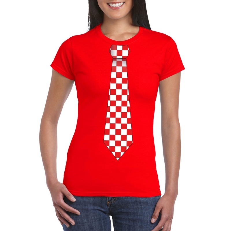 Rood t-shirt met geblokte Brabant stropdas voor dames