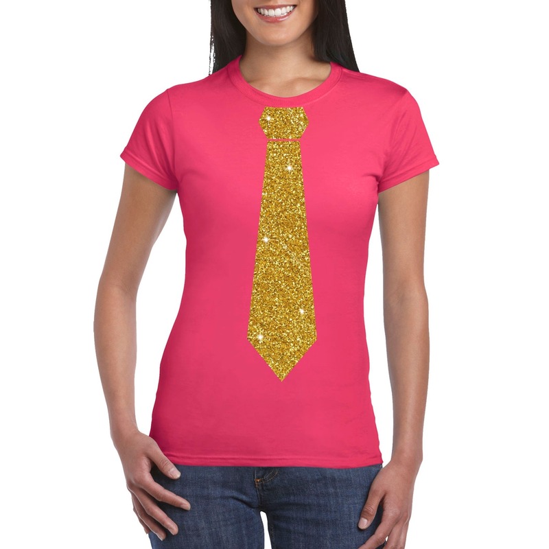 Roze fun t-shirt met stropdas in glitter goud dames