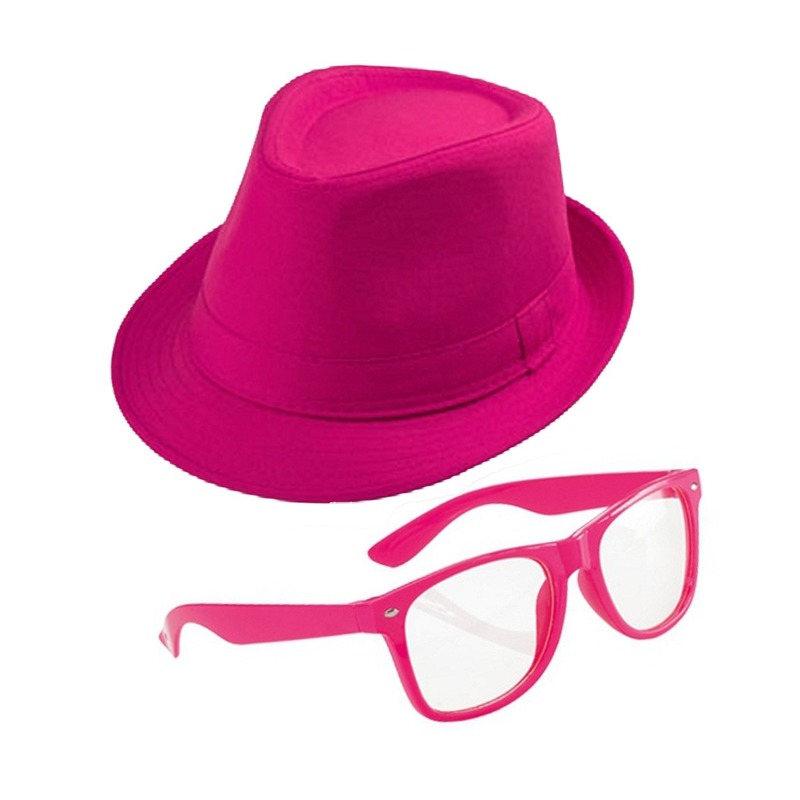 Roze verkleedset trilby hoed met zonnebril