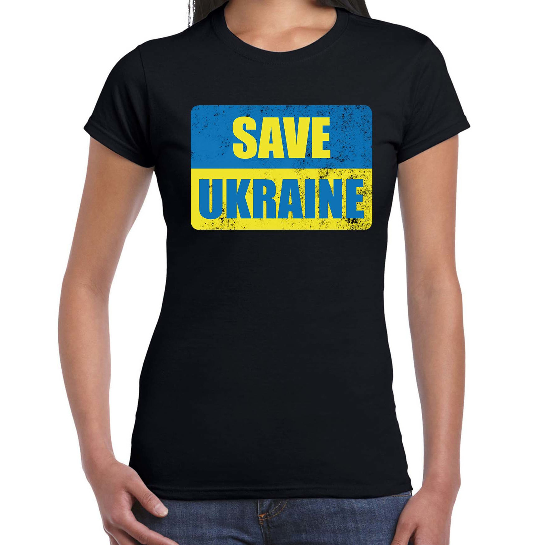 Save Ukraine t-shirt zwart dames Oekraine shirt met Oekraiense vlag