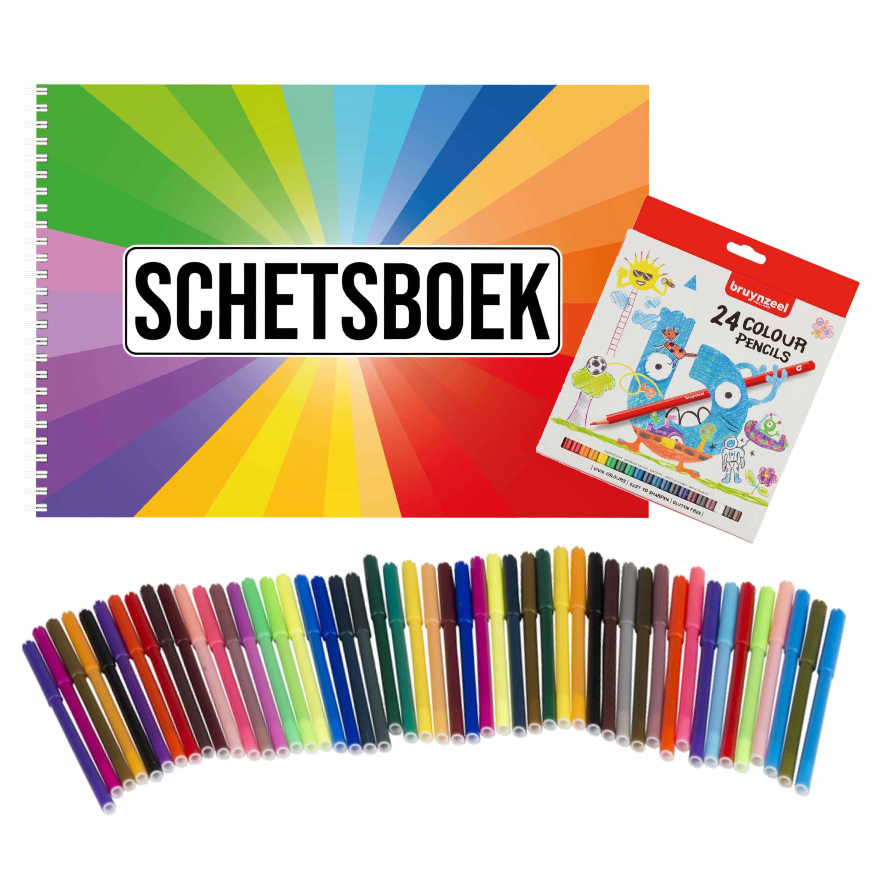 Schetsboek Kleurenwaaier thema A4 50 paginas met 50 viltstiften en 24 potloden
